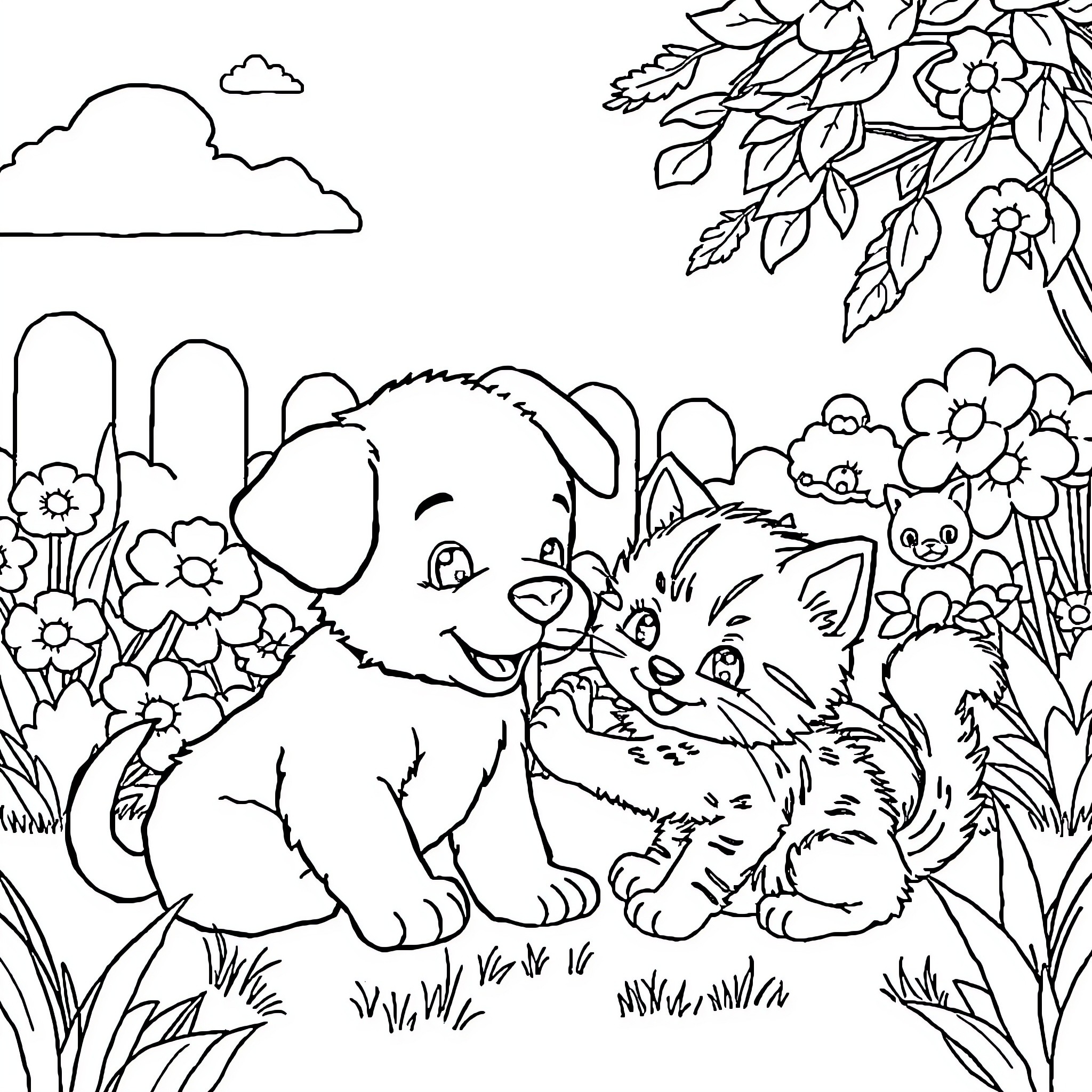 Puppy and kitten playing in floral garden Coloring Page (free black-and-white line drawing printable PDF for all, from beginners to advanced learners, including children, teens, adults, and seniors)