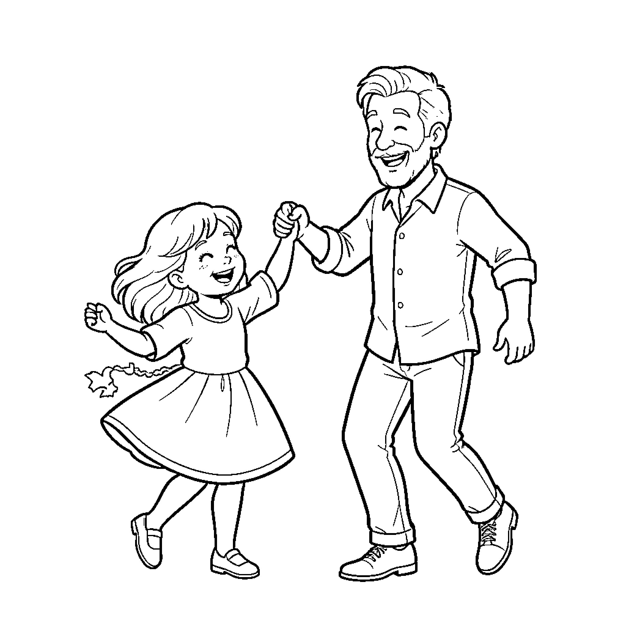 Father and daughter dancing joyfully together Coloring Page (free black-and-white line drawing printable PDF for all, from beginners to advanced learners, including children, teens, adults, and seniors)