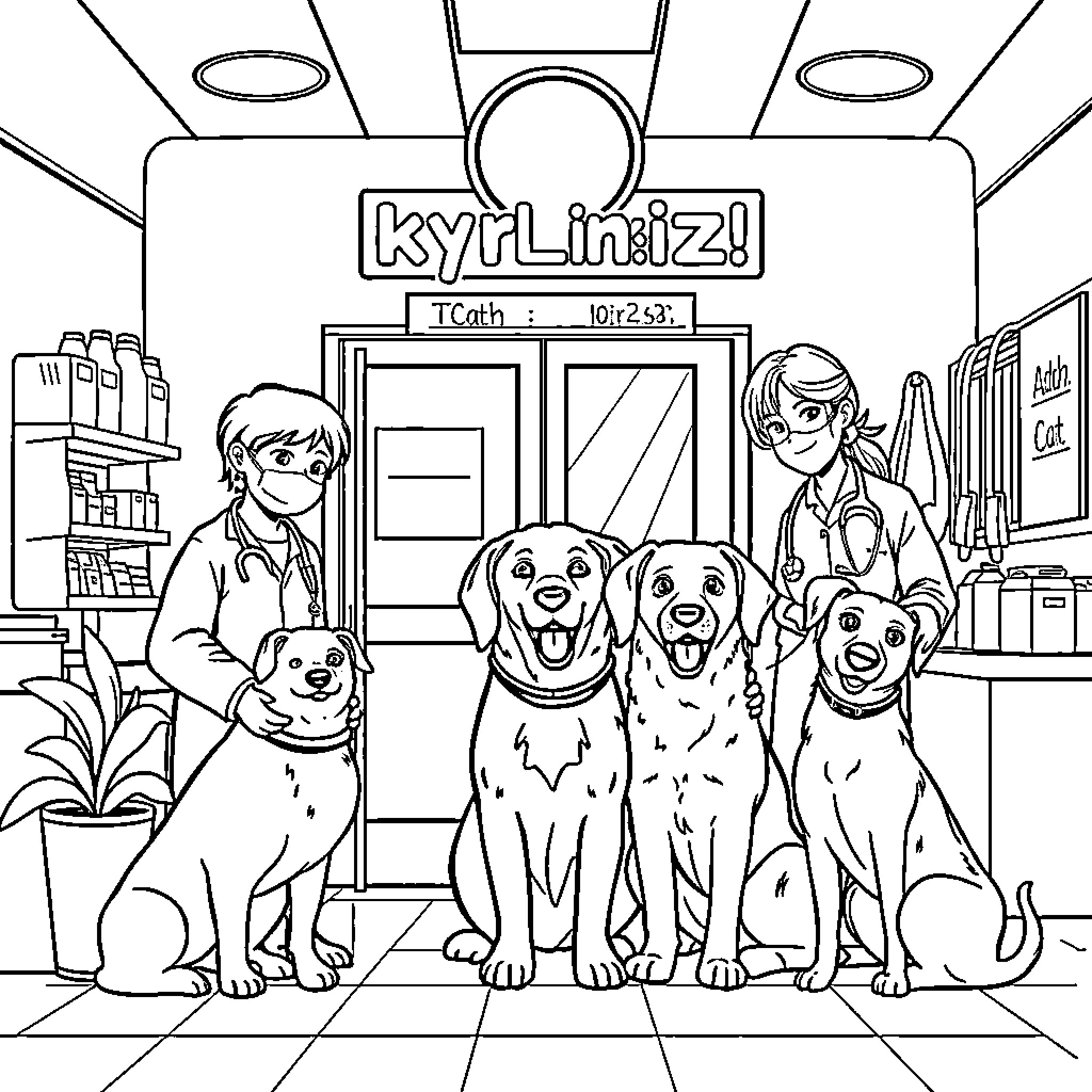 Animal Clinic with Veterinarians and Friendly Pets Coloring Page (free black-and-white line drawing printable PDF for all, from beginners to advanced learners, including children, teens, adults, and seniors)
