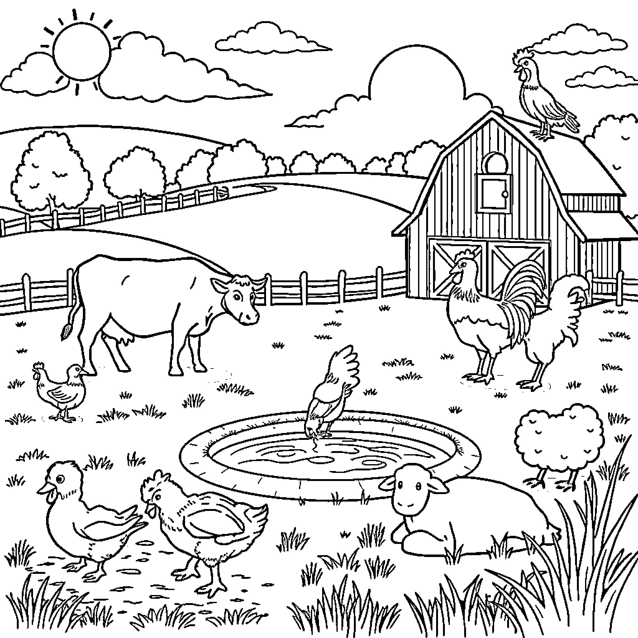 Farm Animal Scene with Barn, Pond, and Diverse Livestock Coloring Page (free black-and-white line drawing printable PDF for all, from beginners to advanced learners, including children, teens, adults, and seniors)