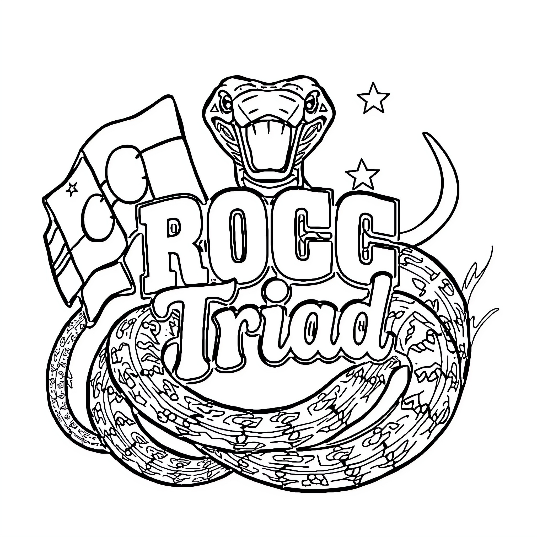 Rattle Snake Triad Emblem with Stars Coloring Page (free black-and-white line drawing printable PDF for all, from beginners to advanced learners, including children, teens, adults, and seniors)