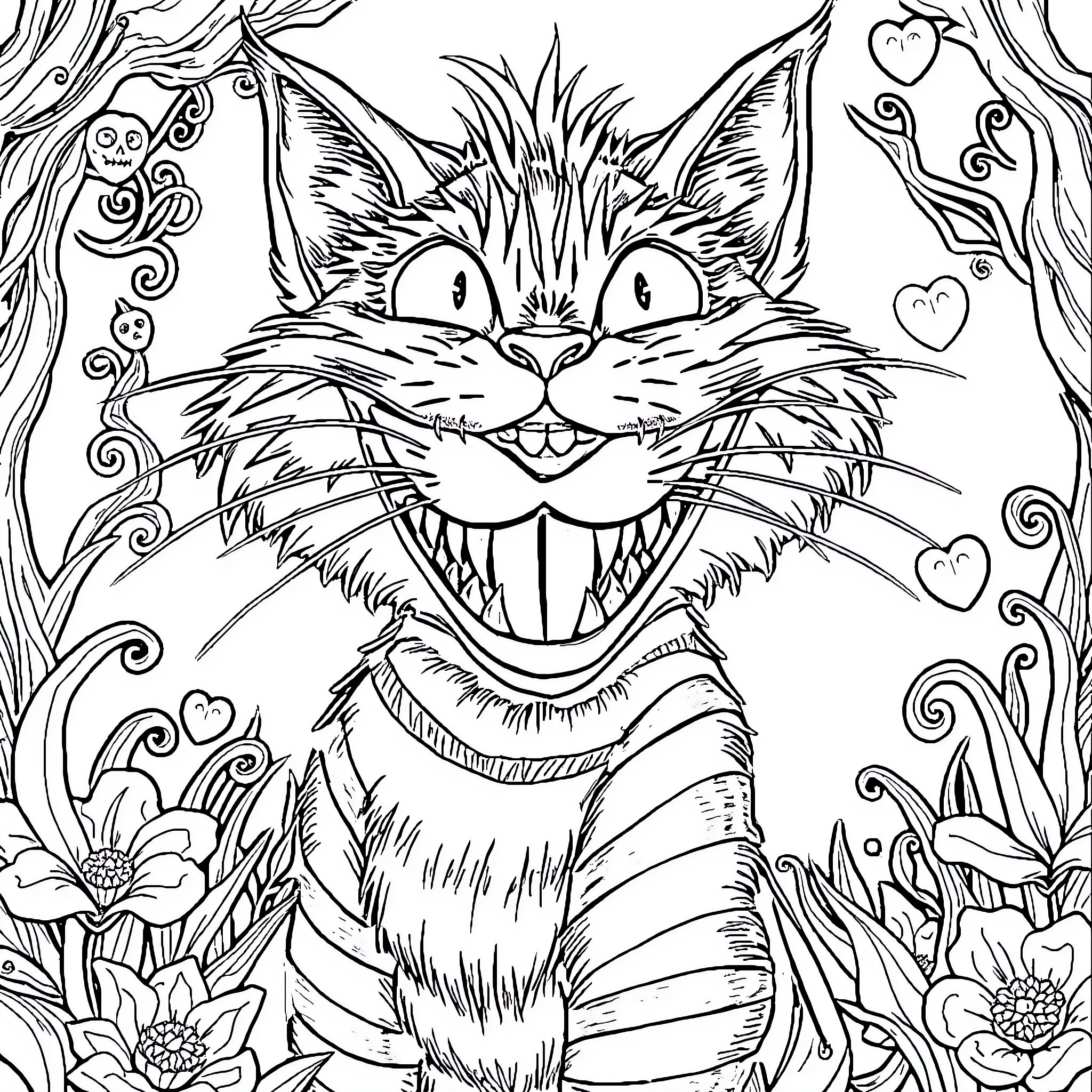 Alice's Mischievous Cat in the Enchanted Garden Coloring Page (free black-and-white line drawing printable PDF for all, from beginners to advanced learners, including children, teens, adults, and seniors)