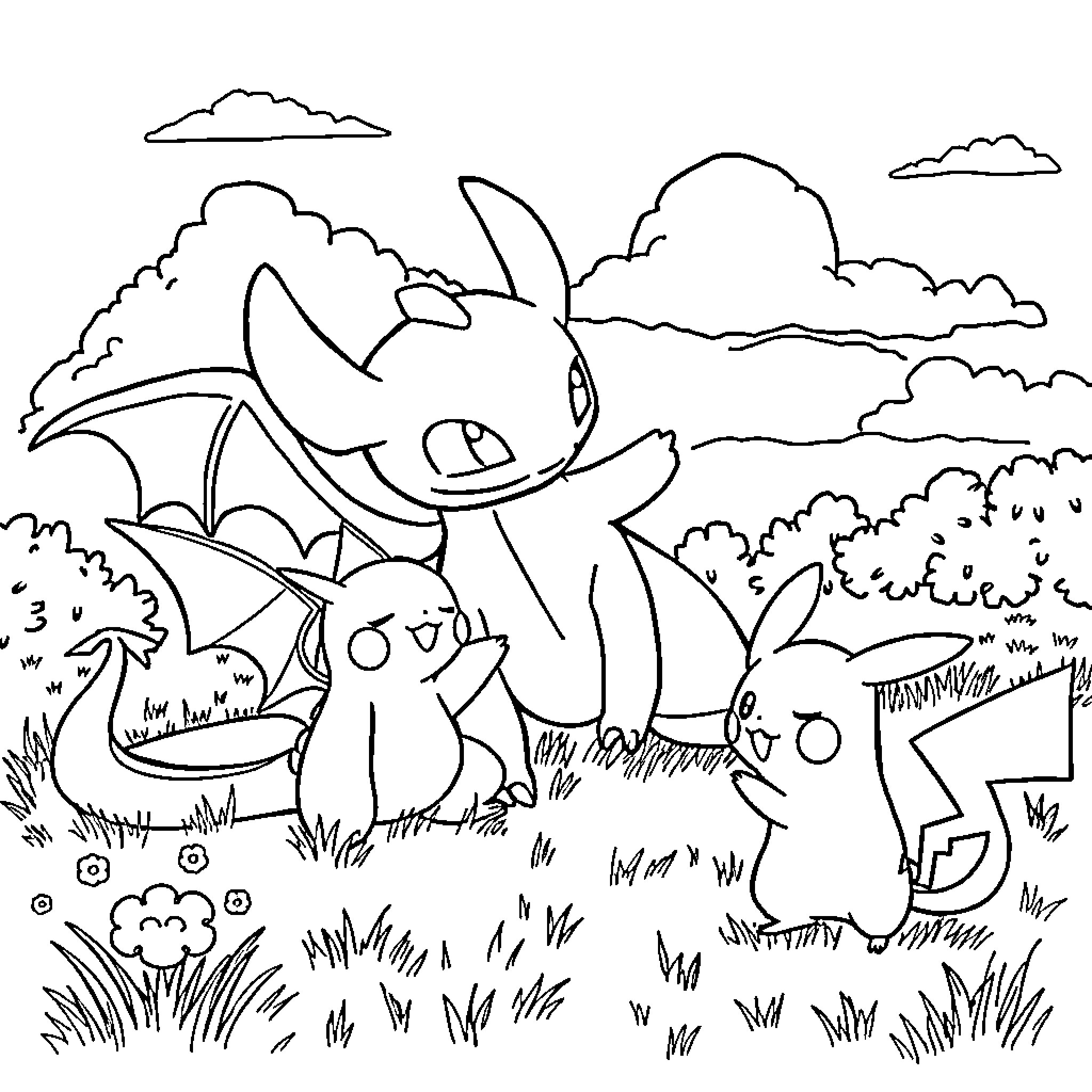 Toothless Dragons at Play in the Field Coloring Page (free black-and-white line drawing printable PDF for all, from beginners to advanced learners, including children, teens, adults, and seniors)