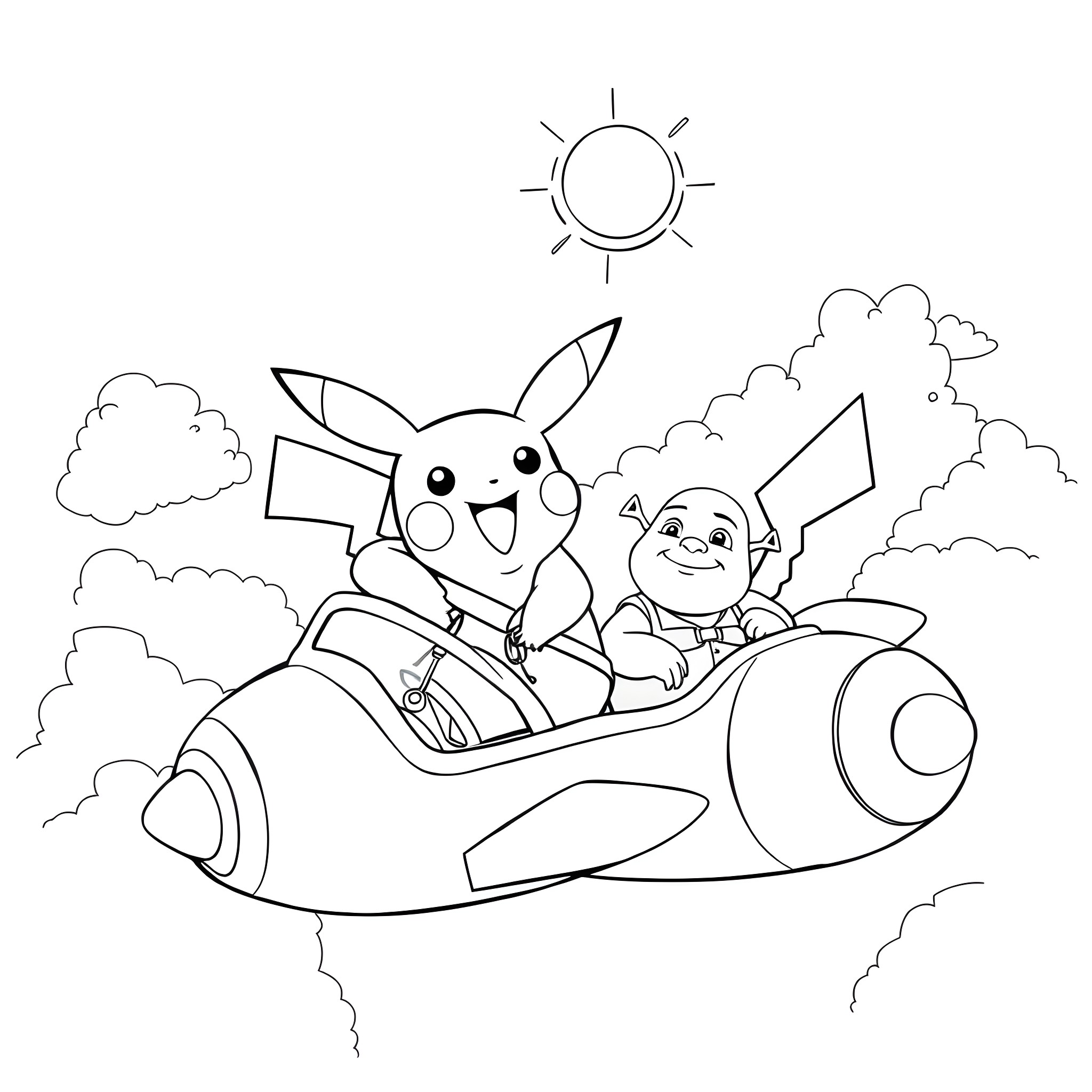 Pikachu and friend riding a rocket in the sky Coloring Page (free black-and-white line drawing printable PDF for all, from beginners to advanced learners, including children, teens, adults, and seniors)