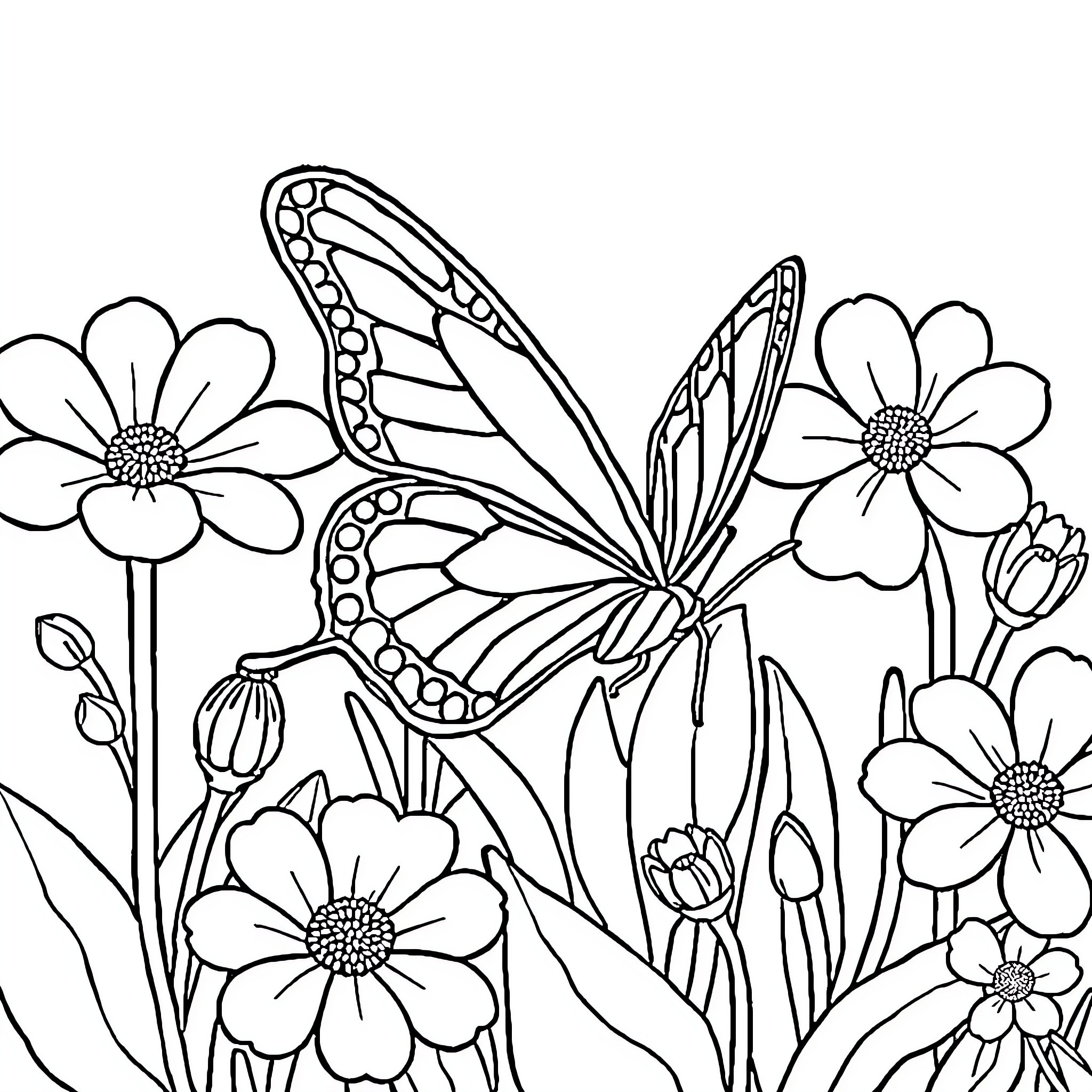 Butterfly resting among beautiful flowers Coloring Page (free black-and-white line drawing printable PDF for all, from beginners to advanced learners, including children, teens, adults, and seniors)
