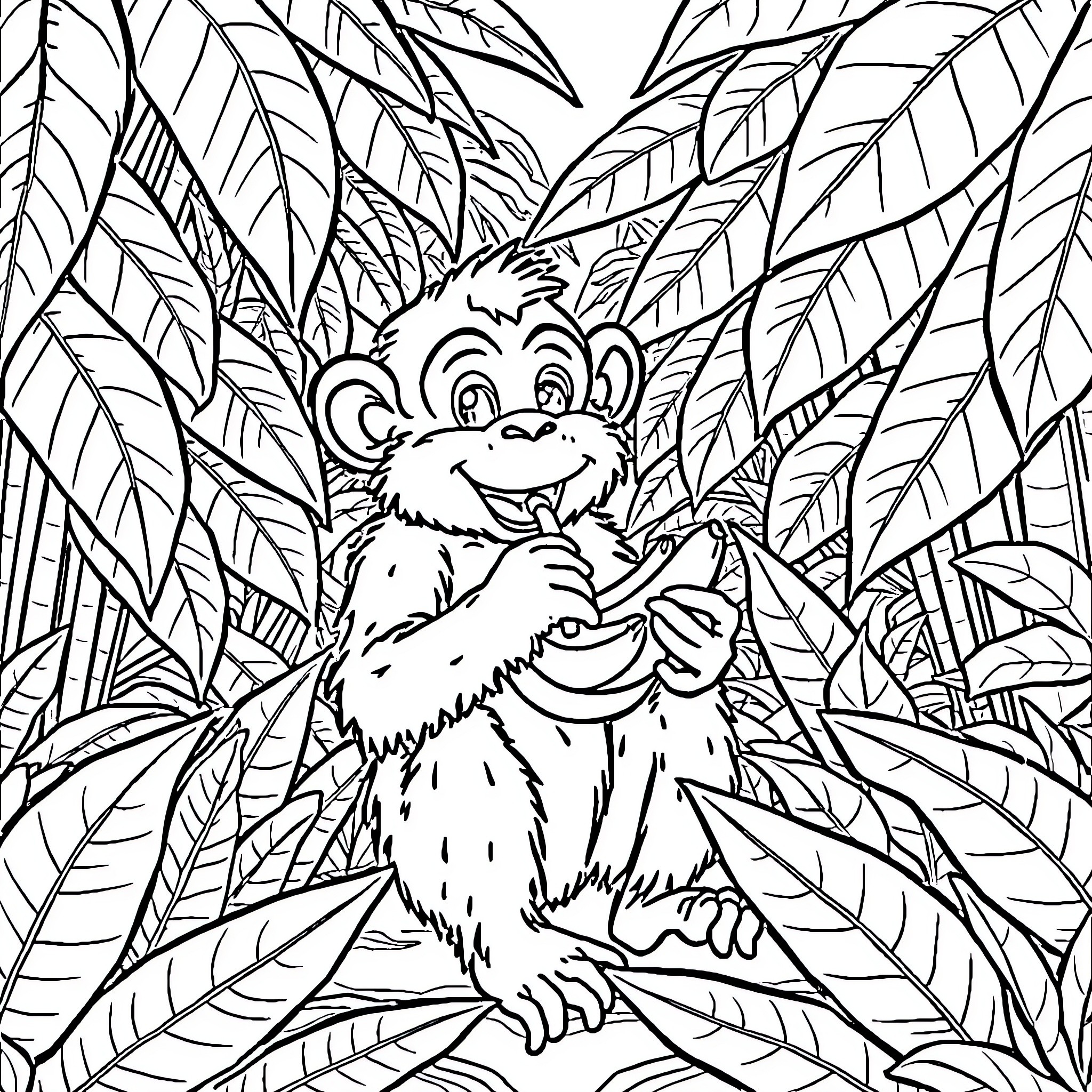 Monkey playing happily in the jungle Coloring Page (free black-and-white line drawing printable PDF for all, from beginners to advanced learners, including children, teens, adults, and seniors)