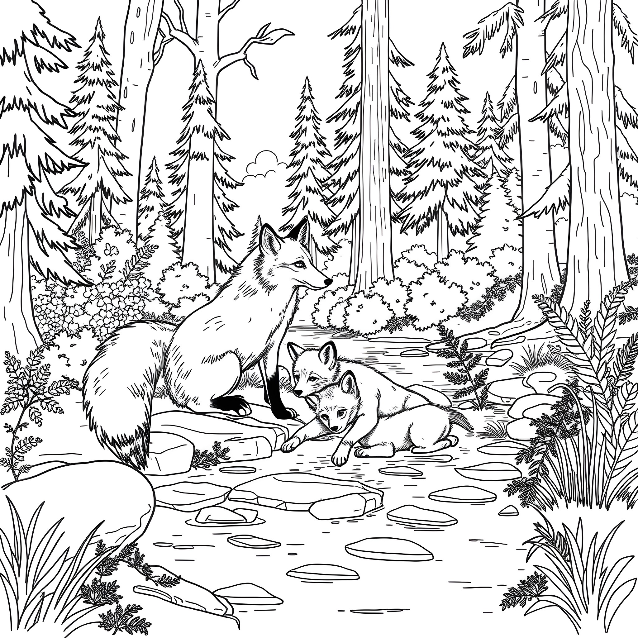 Fox family resting in the serene forest Coloring Page (free black-and-white line drawing printable PDF for all, from beginners to advanced learners, including children, teens, adults, and seniors)