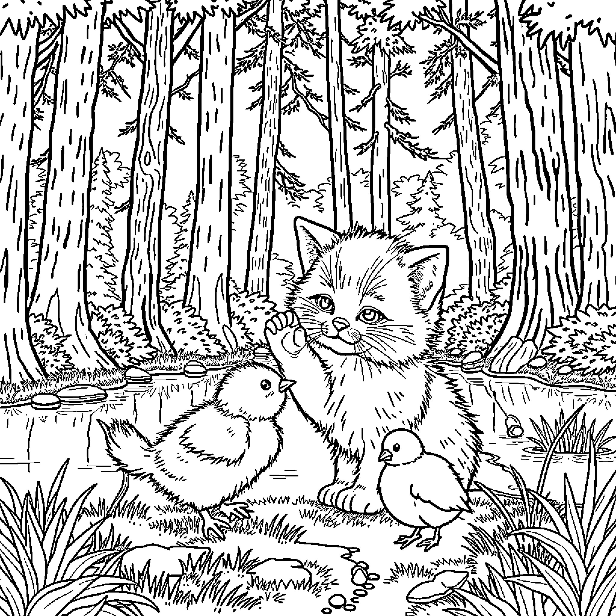 Kitten and chicks in a forest scene Coloring Page (free black-and-white line drawing printable PDF for all, from beginners to advanced learners, including children, teens, adults, and seniors)