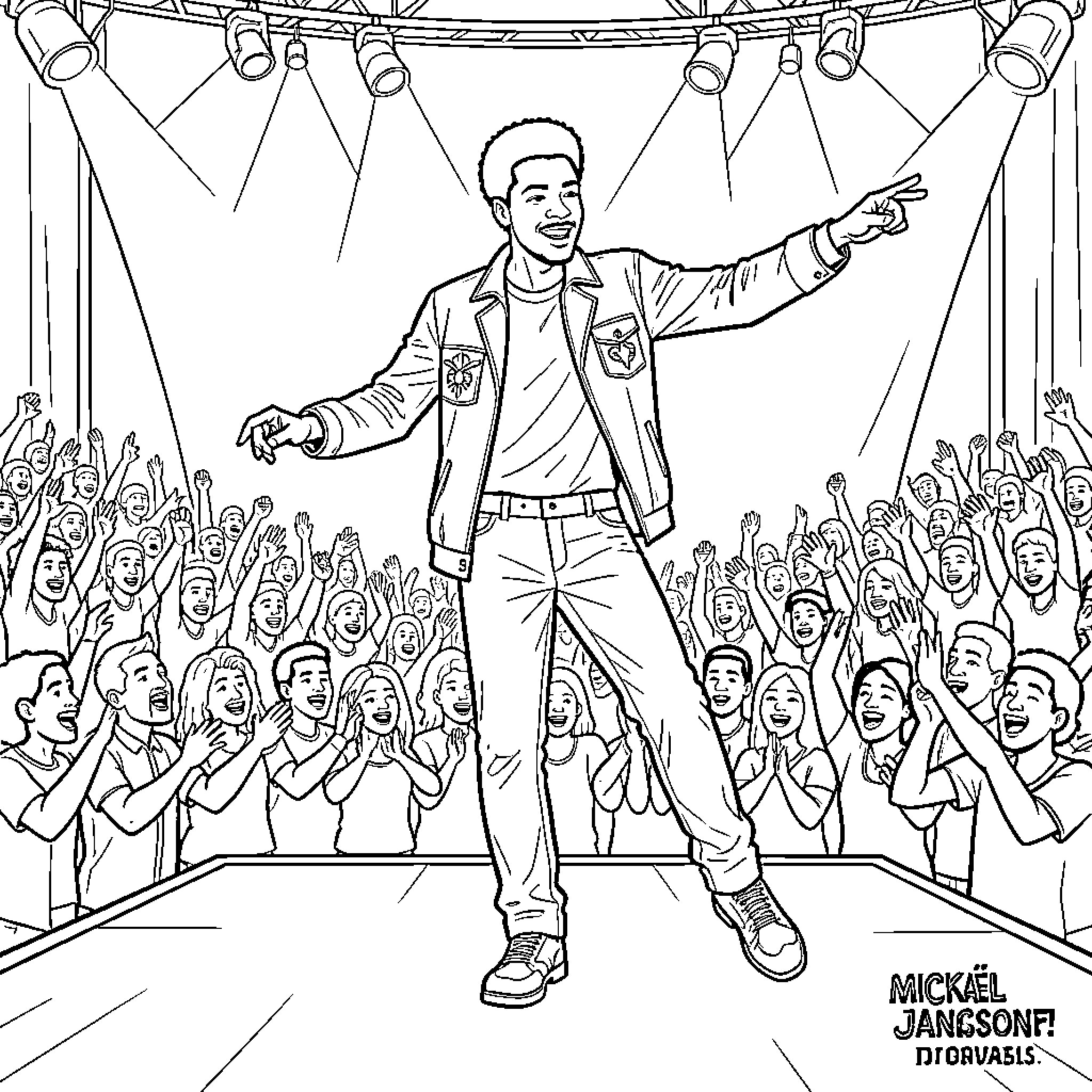 Mickael Jackson performing energetically on stage before a crowd Coloring Page (free black-and-white line drawing printable PDF for all, from beginners to advanced learners, including children, teens, adults, and seniors)