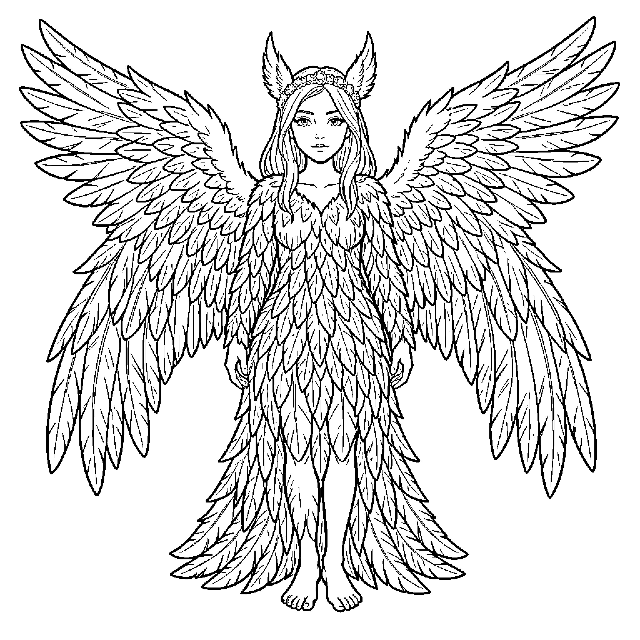 Harpy standing majestically with large feathered wings Coloring Page (free black-and-white line drawing printable PDF for all, from beginners to advanced learners, including children, teens, adults, and seniors)