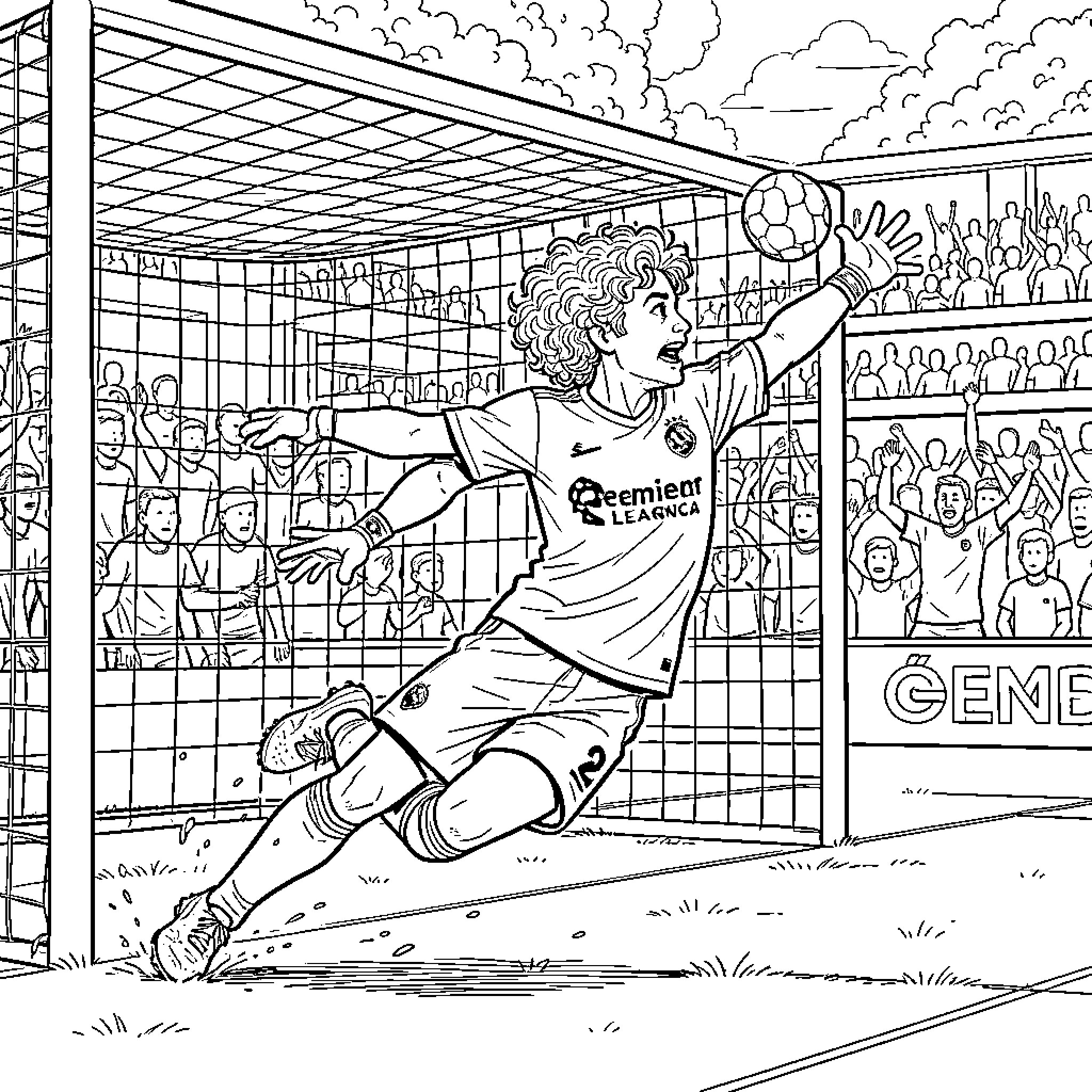 Goalie making a spectacular save in the stadium Coloring Page (free black-and-white line drawing printable PDF for all, from beginners to advanced learners, including children, teens, adults, and seniors)