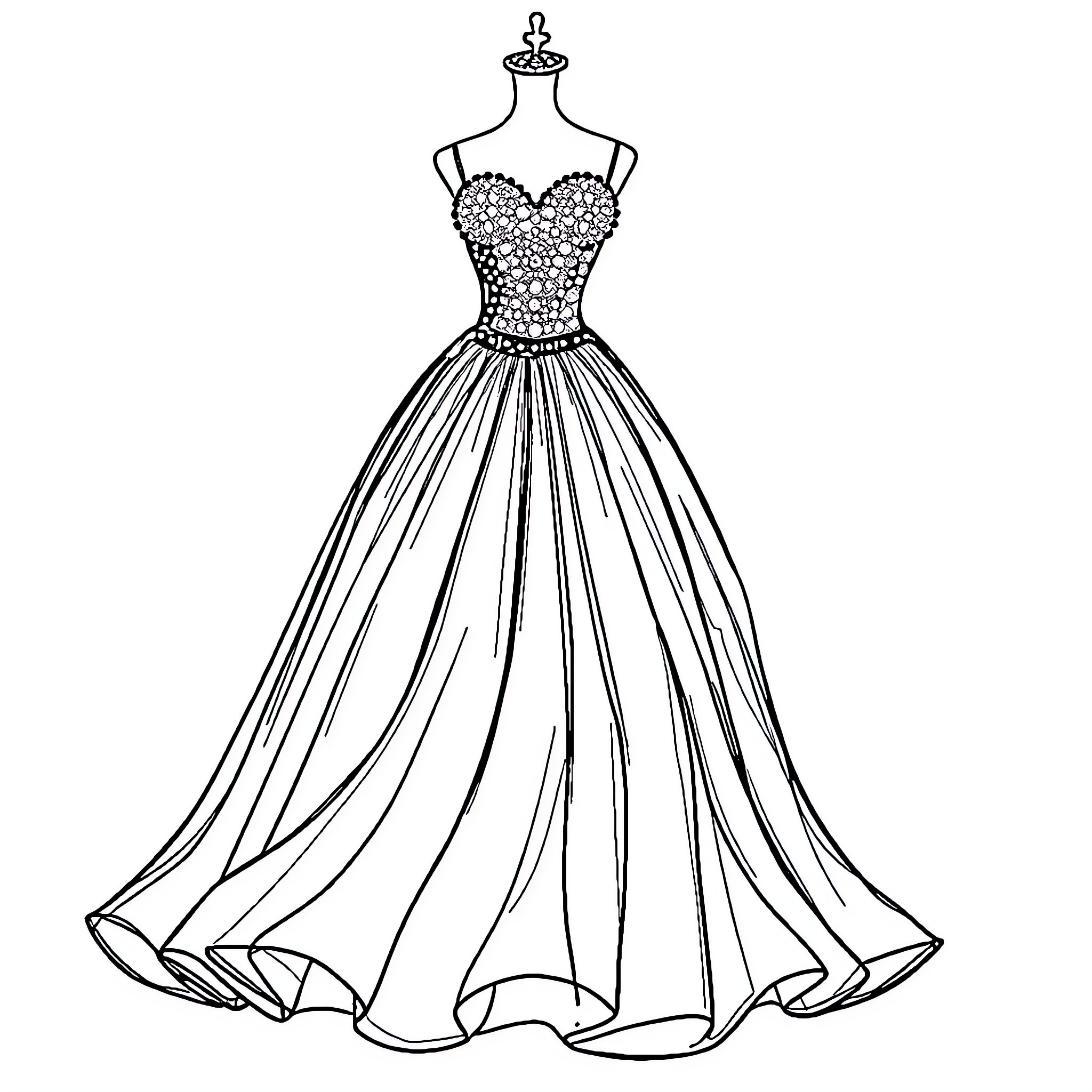 Princess Dress with Ornate Bodice and Flowing Skirt Coloring Page (free black-and-white line drawing printable PDF for all, from beginners to advanced learners, including children, teens, adults, and seniors)