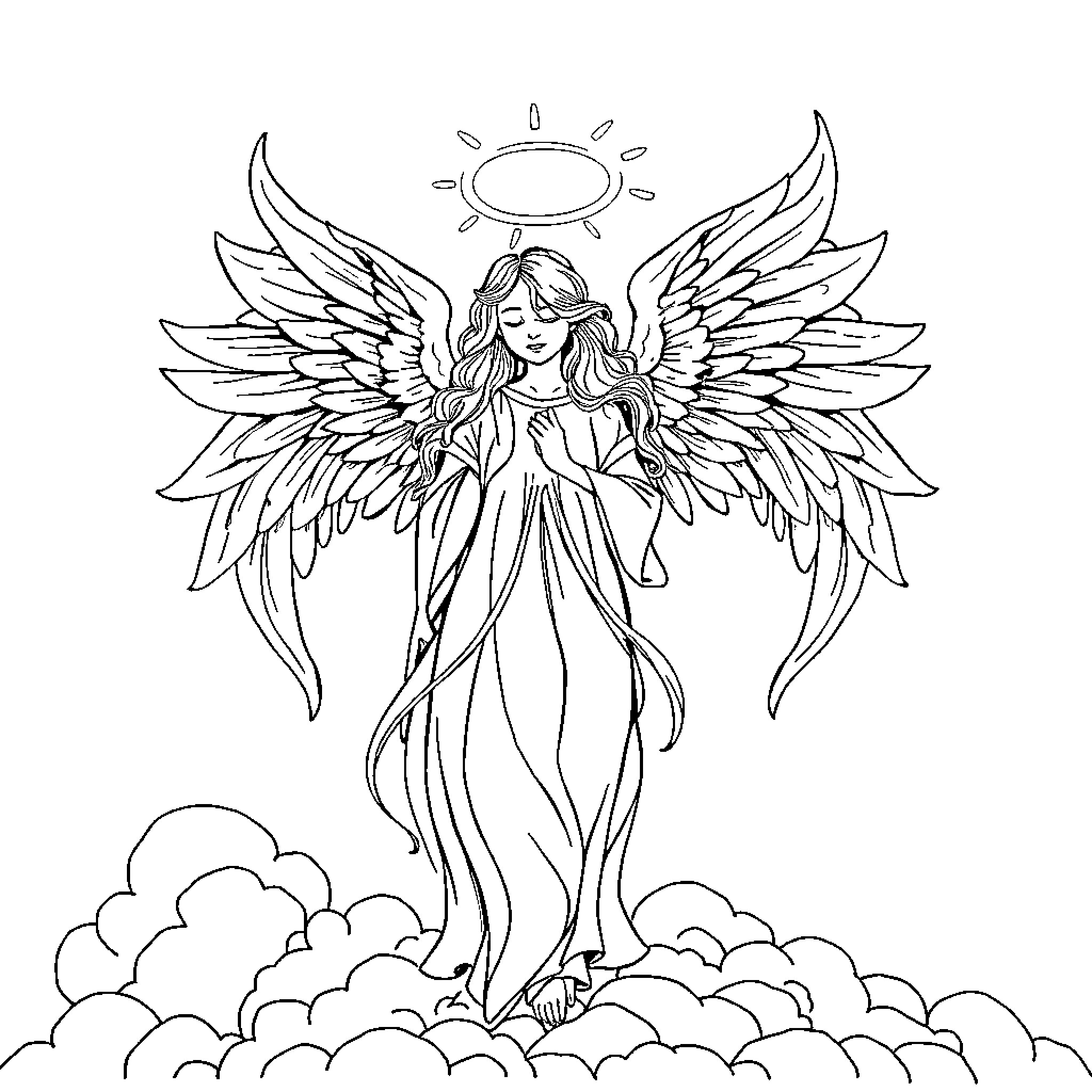 Angel of grace and serenity in the clouds Coloring Page (free black-and-white line drawing printable PDF for all, from beginners to advanced learners, including children, teens, adults, and seniors)