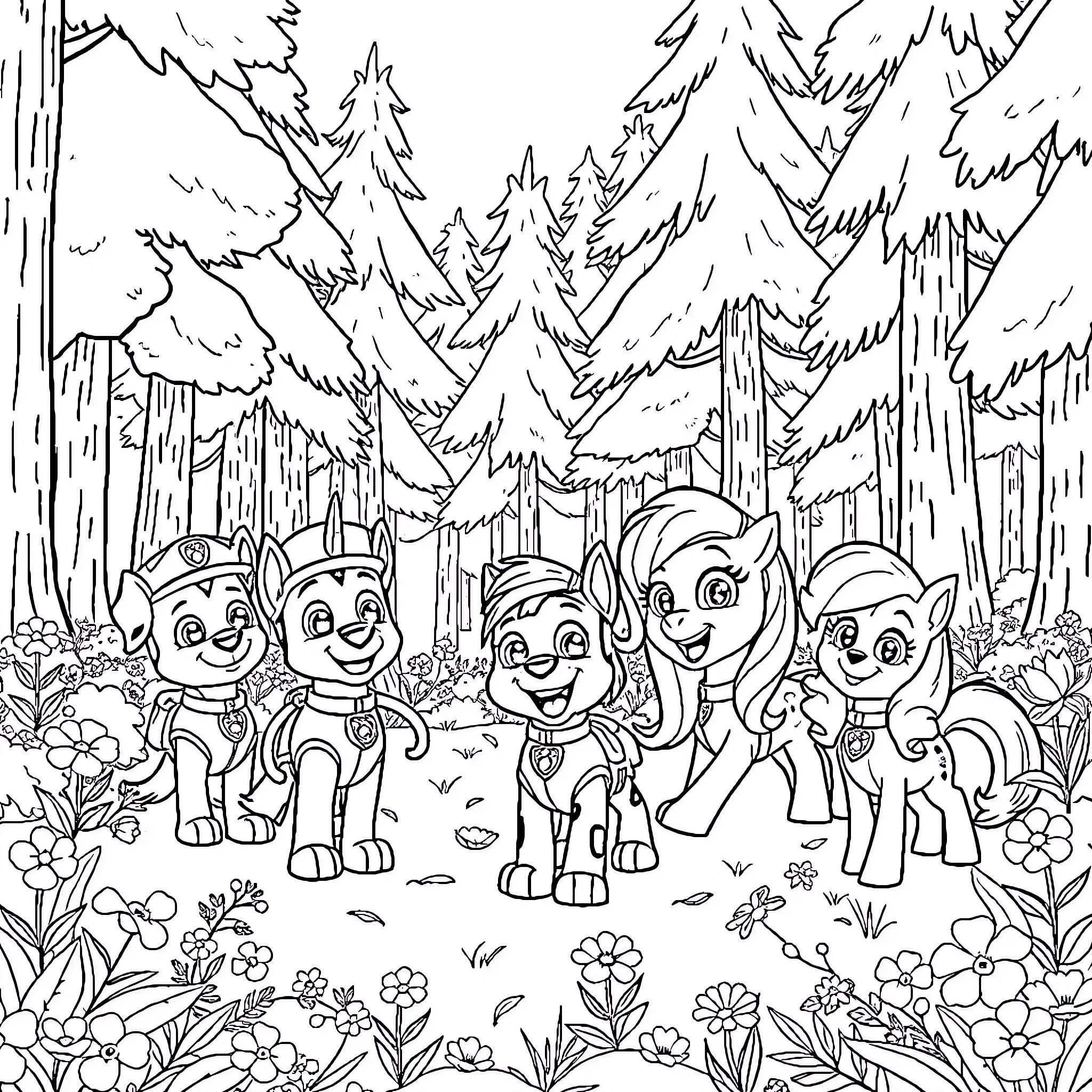 Paw Patrol Pups Exploring the Enchanted Forest Coloring Page (free black-and-white line drawing printable PDF for all, from beginners to advanced learners, including children, teens, adults, and seniors)