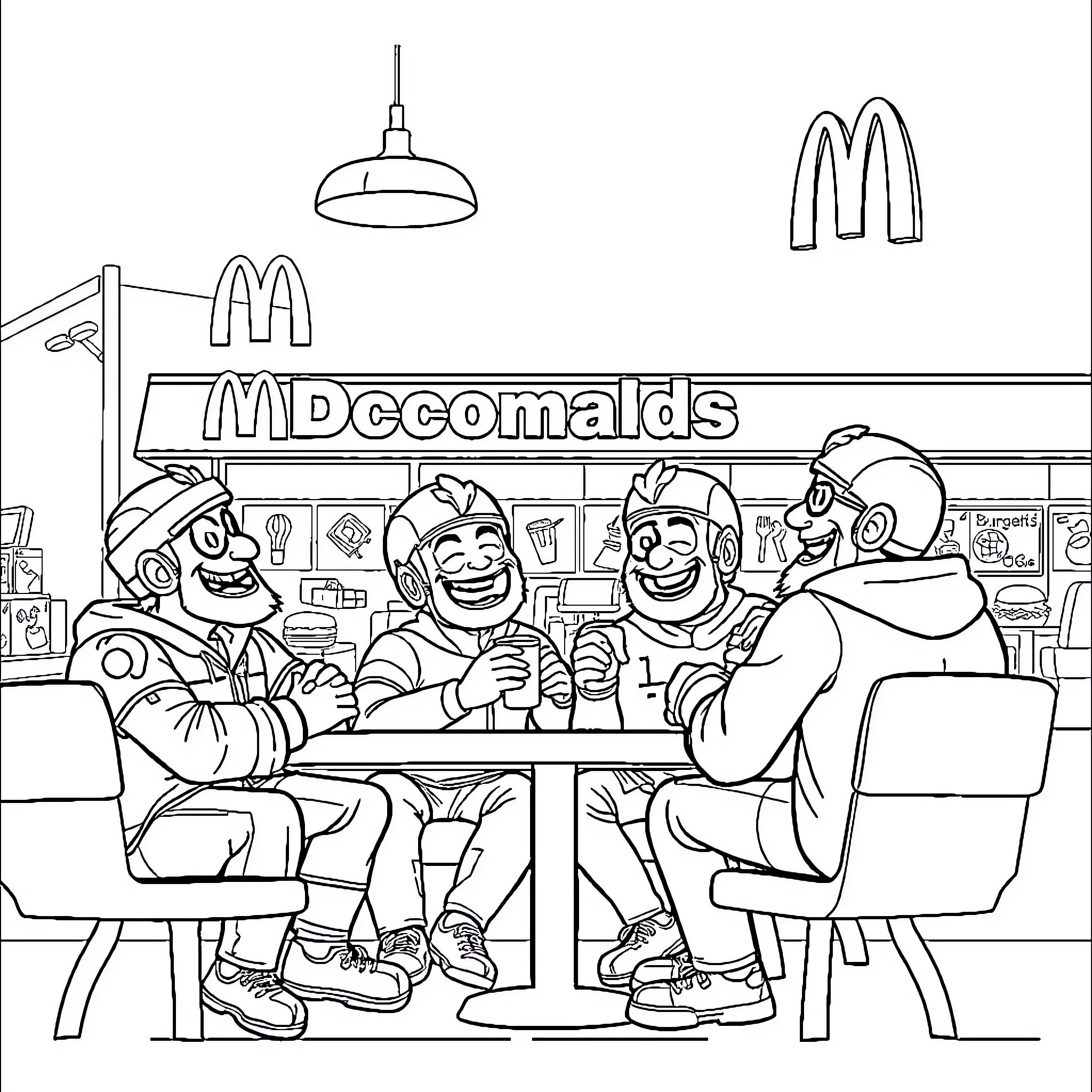 Wheel of Dining Friends at McDonald's Coloring Page (free black-and-white line drawing printable PDF for all, from beginners to advanced learners, including children, teens, adults, and seniors)