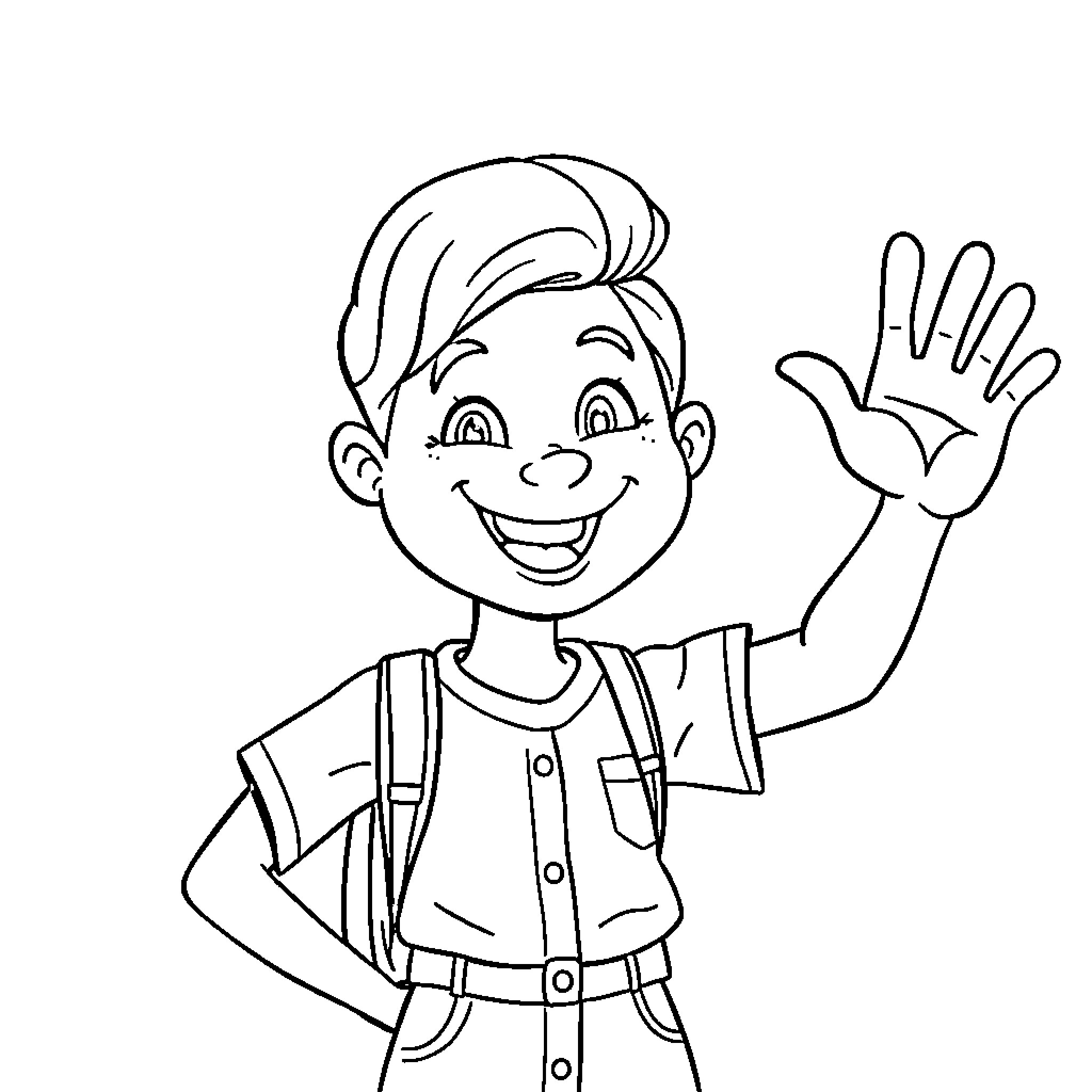 Hi Cheerful Boy Waving Happily Coloring Page (free black-and-white line drawing printable PDF for all, from beginners to advanced learners, including children, teens, adults, and seniors)