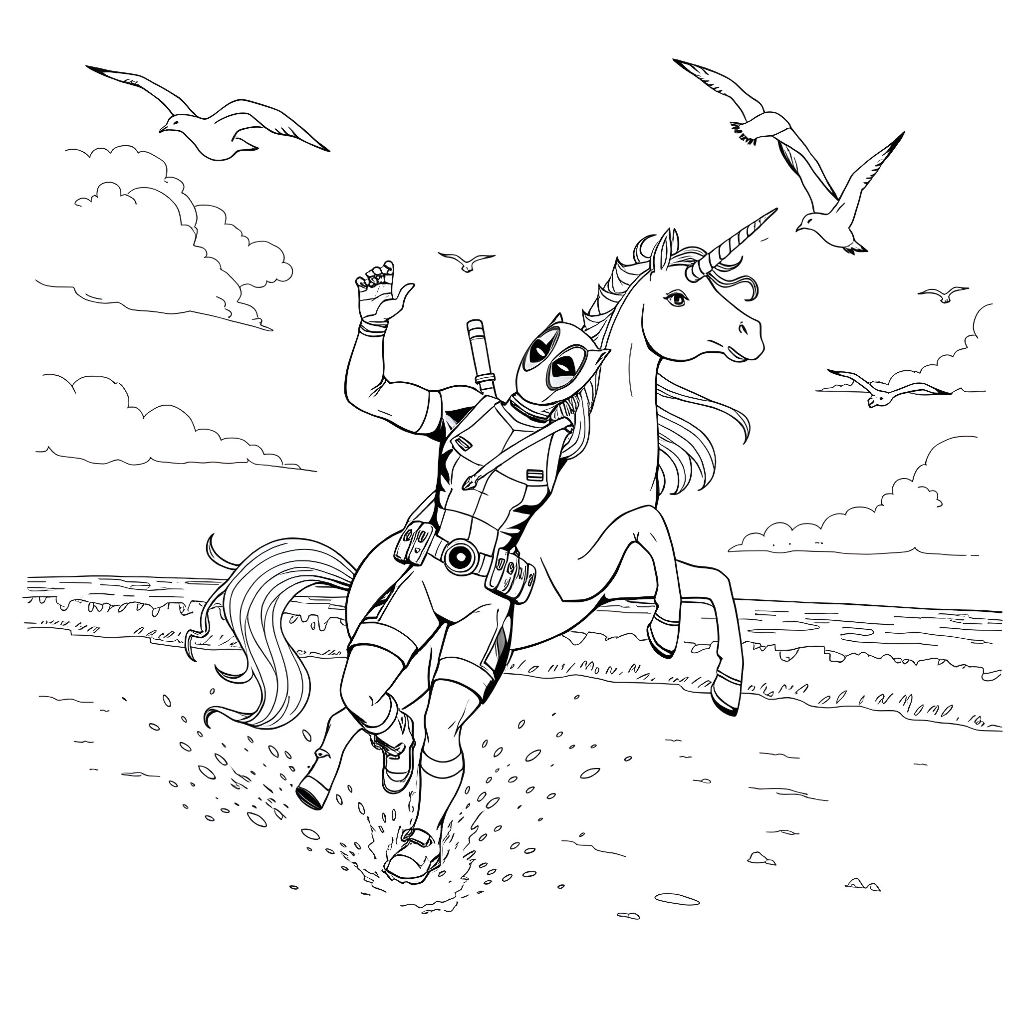 Deadpool as a Heroic Unicorn on an Adventure Coloring Page (free black-and-white line drawing printable PDF for all, from beginners to advanced learners, including children, teens, adults, and seniors)
