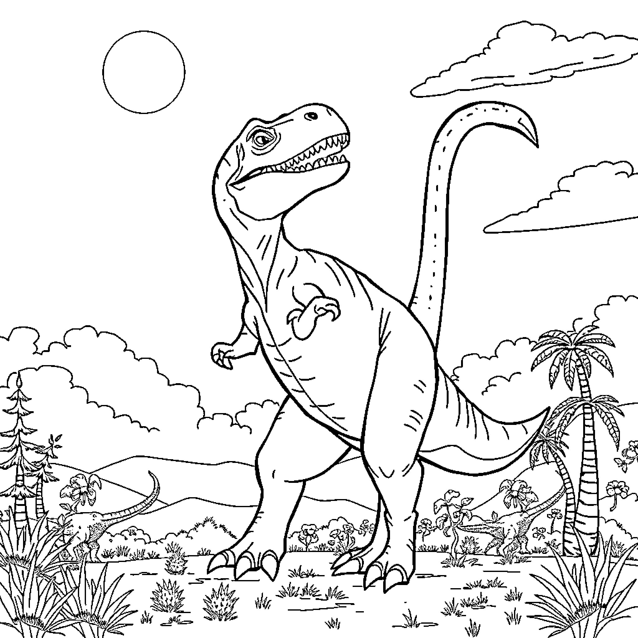 T-Rex roaming through the prehistoric landscape Coloring Page (free black-and-white line drawing printable PDF for all, from beginners to advanced learners, including children, teens, adults, and seniors)
