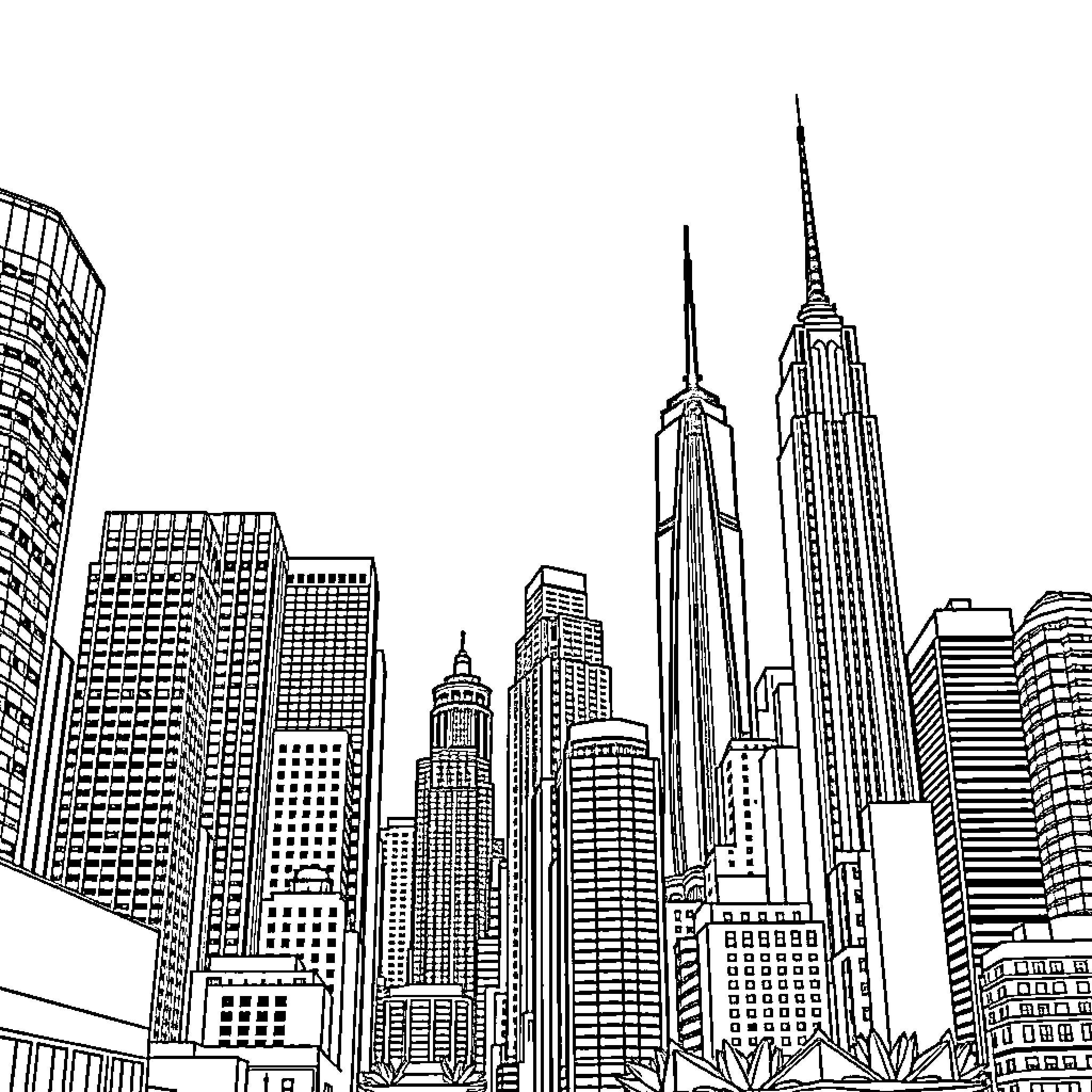 New York City Skyline Silhouette Coloring Page (free black-and-white line drawing printable PDF for all, from beginners to advanced learners, including children, teens, adults, and seniors)