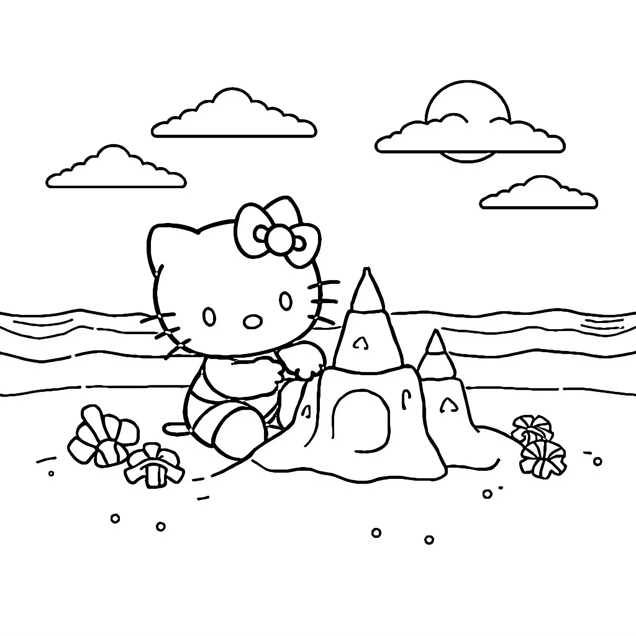 Hello Kitty building a sandcastle at the beach Coloring Page (free black-and-white line drawing printable PDF for all, from beginners to advanced learners, including children, teens, adults, and seniors)