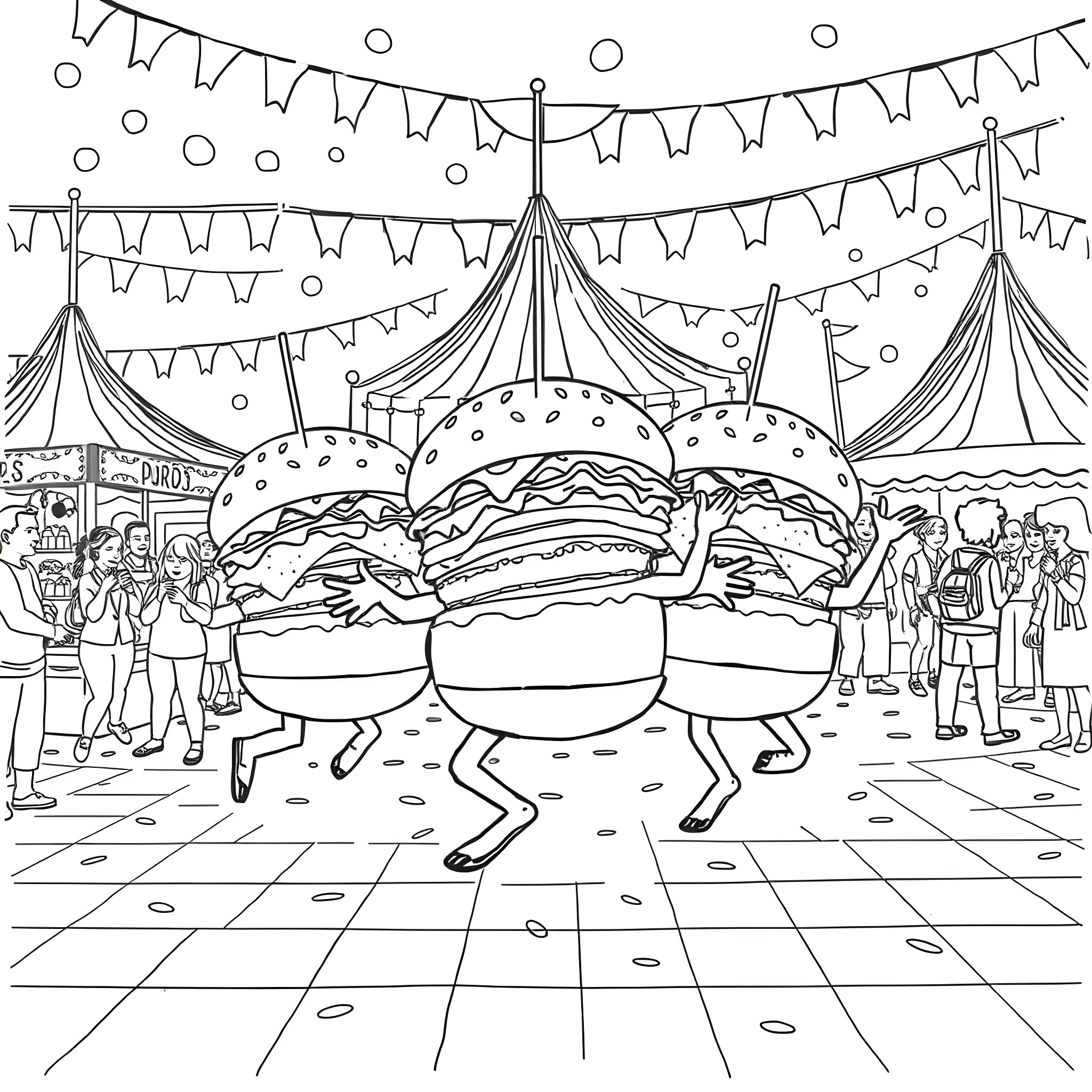 Burger Celebration at the Carnival Coloring Page (free black-and-white line drawing printable PDF for all, from beginners to advanced learners, including children, teens, adults, and seniors)