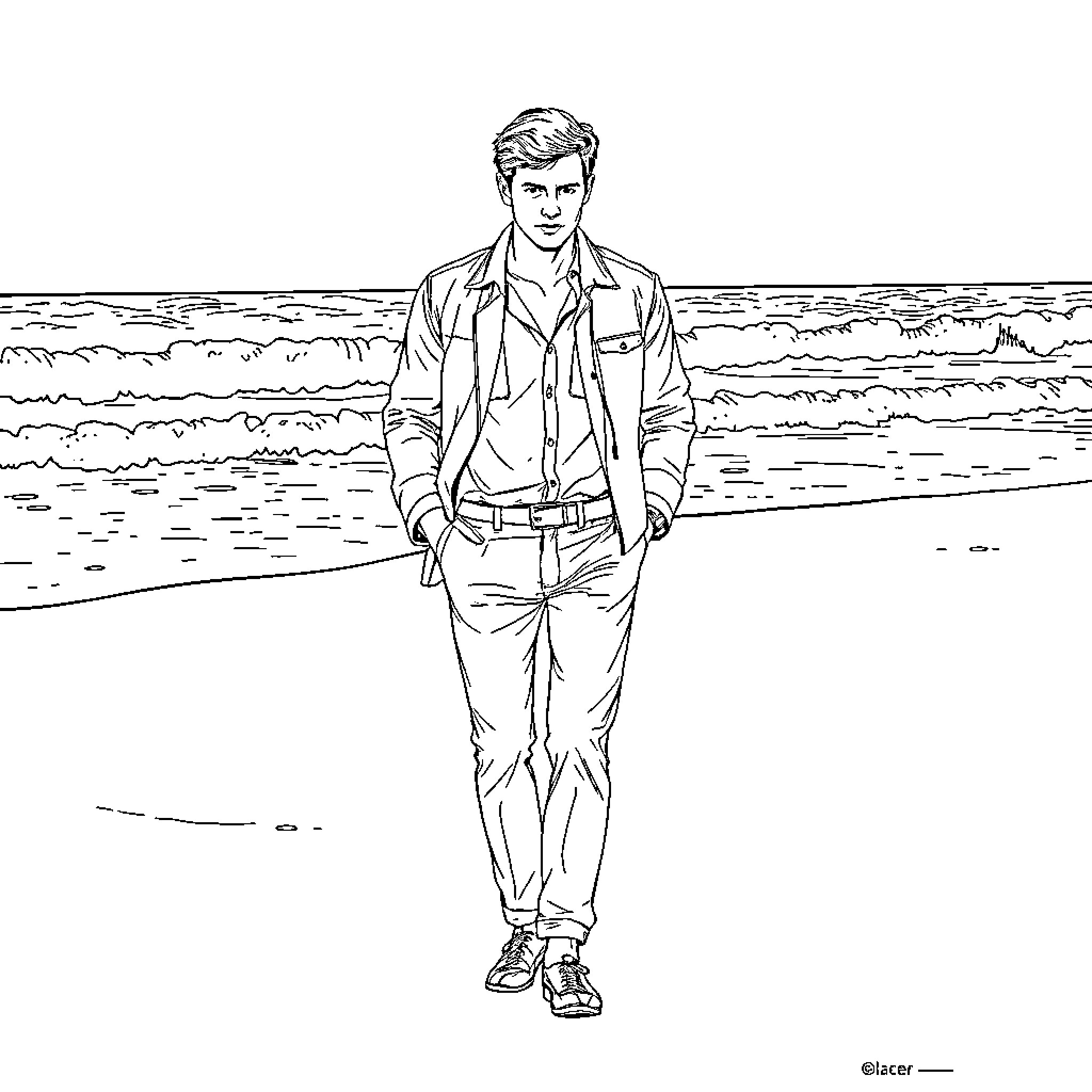 Eddie Redmayne stands contemplatively on a beach Coloring Page (free black-and-white line drawing printable PDF for all, from beginners to advanced learners, including children, teens, adults, and seniors)