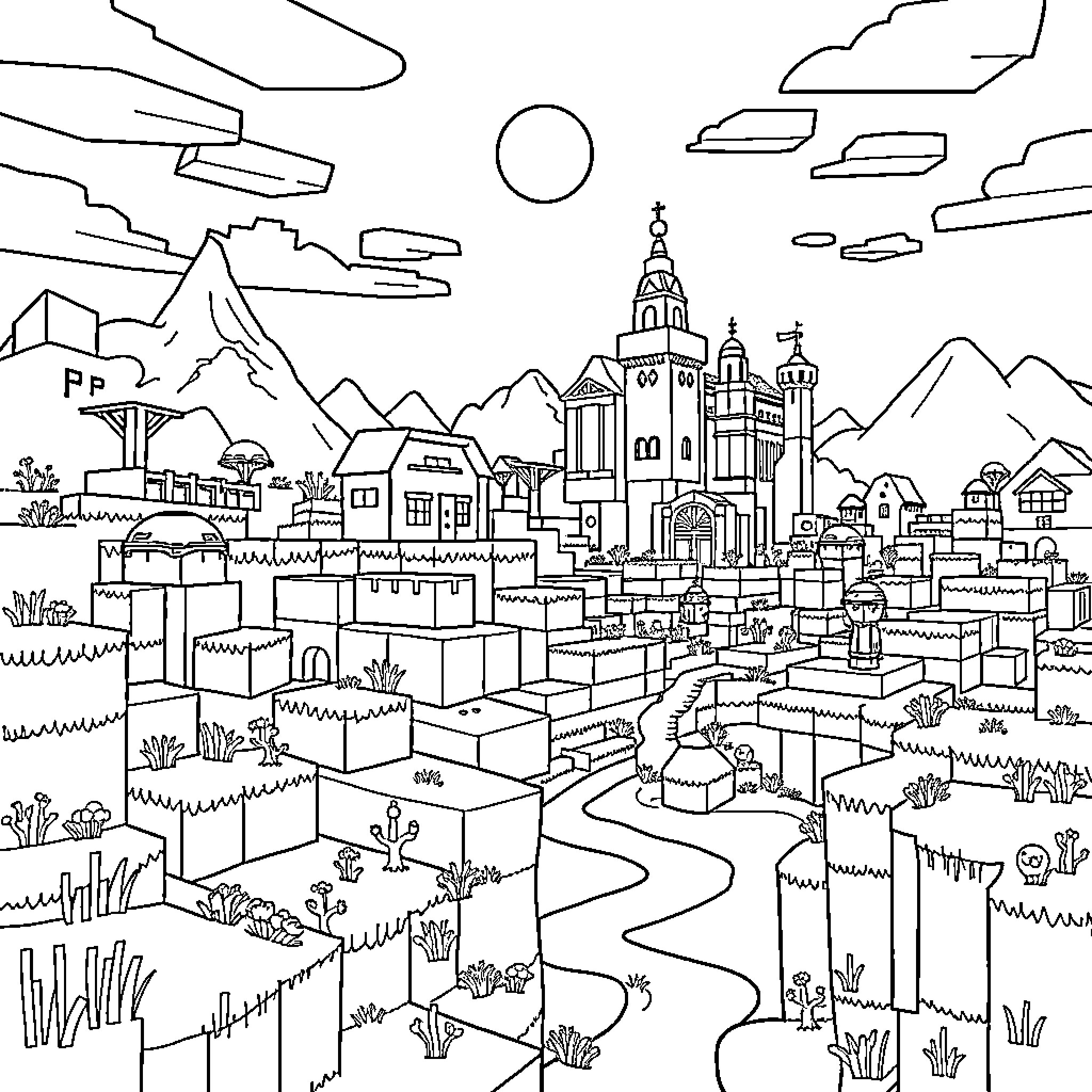 Minecraft Scenic Village with Towers and Mountains Coloring Page (free black-and-white line drawing printable PDF for all, from beginners to advanced learners, including children, teens, adults, and seniors)