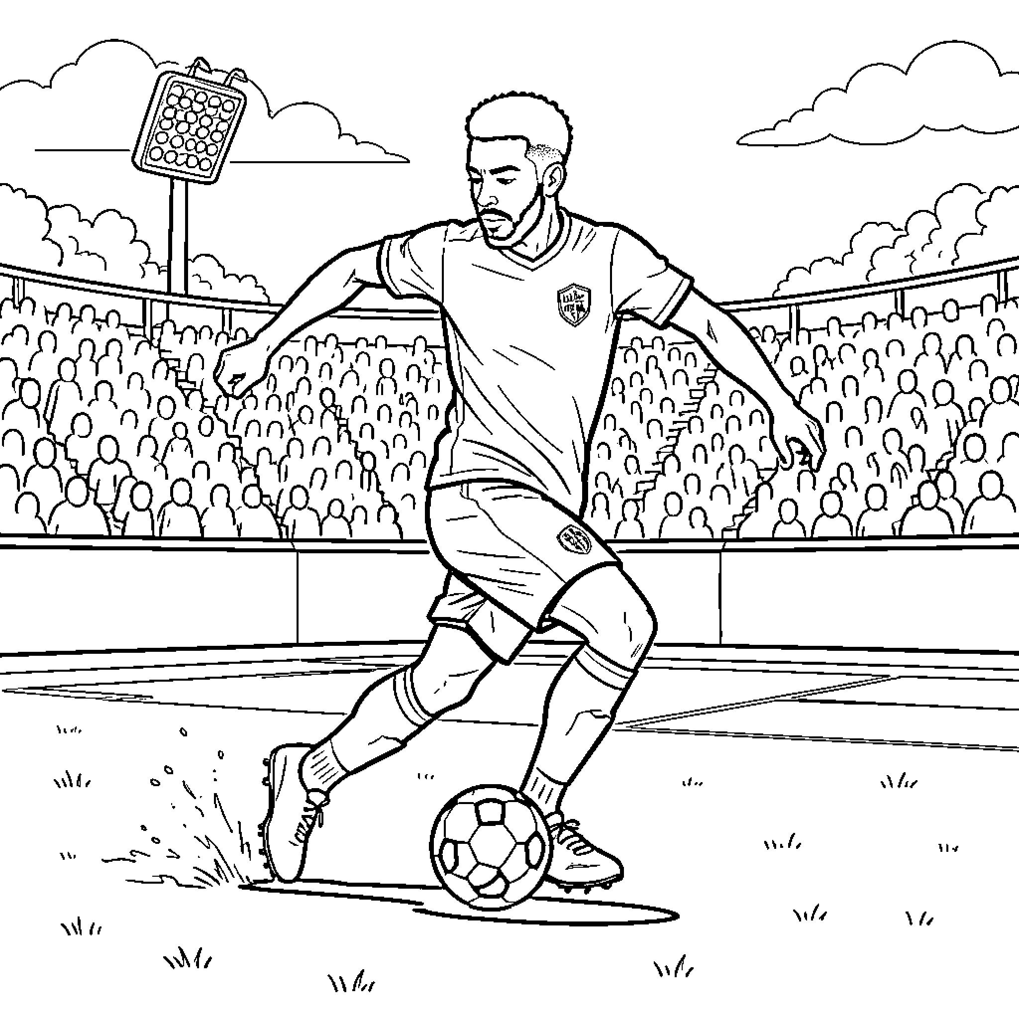 Achraf Hakimi dribbling a soccer ball in a stadium Coloring Page (free black-and-white line drawing printable PDF for all, from beginners to advanced learners, including children, teens, adults, and seniors)
