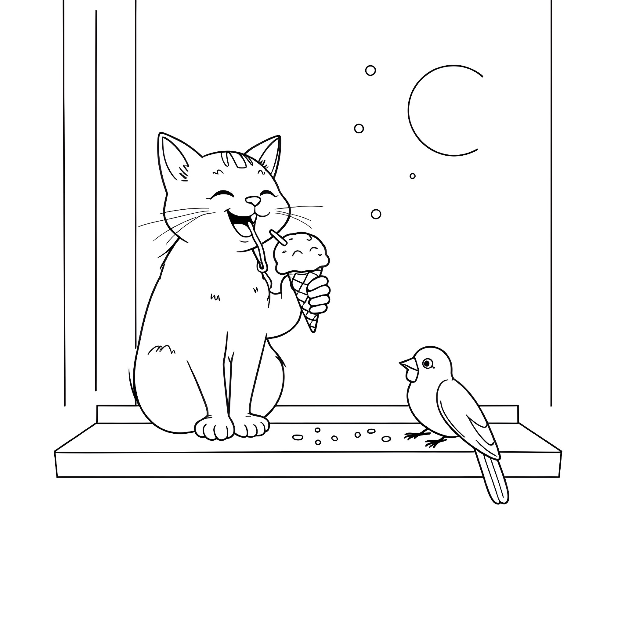 Cat Enjoying Ice Cream with Bird Companion Coloring Page (free black-and-white line drawing printable PDF for all, from beginners to advanced learners, including children, teens, adults, and seniors)