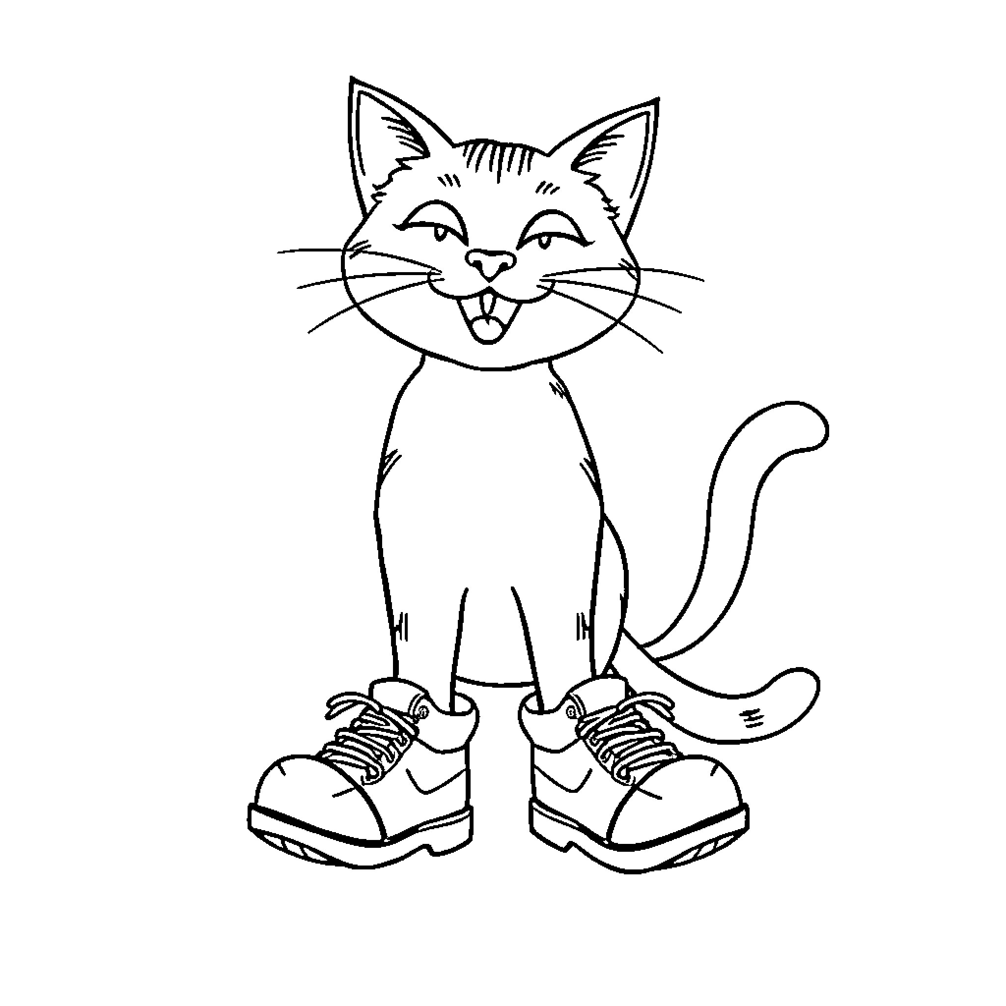 Pete the Cat wearing boots and smiling Coloring Page (free black-and-white line drawing printable PDF for all, from beginners to advanced learners, including children, teens, adults, and seniors)