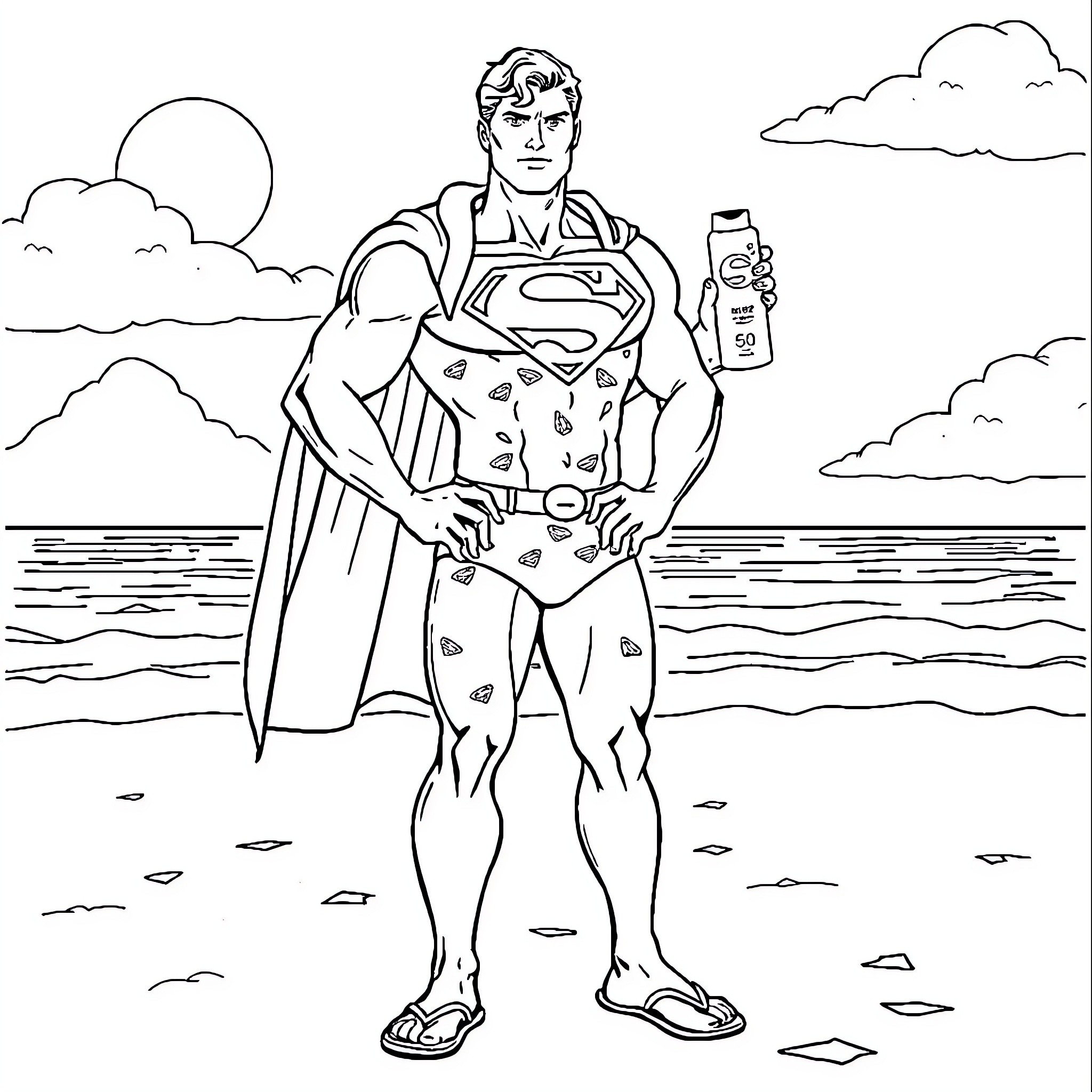 Superman stands by the ocean, holding a drink Coloring Page (free black-and-white line drawing printable PDF for all, from beginners to advanced learners, including children, teens, adults, and seniors)