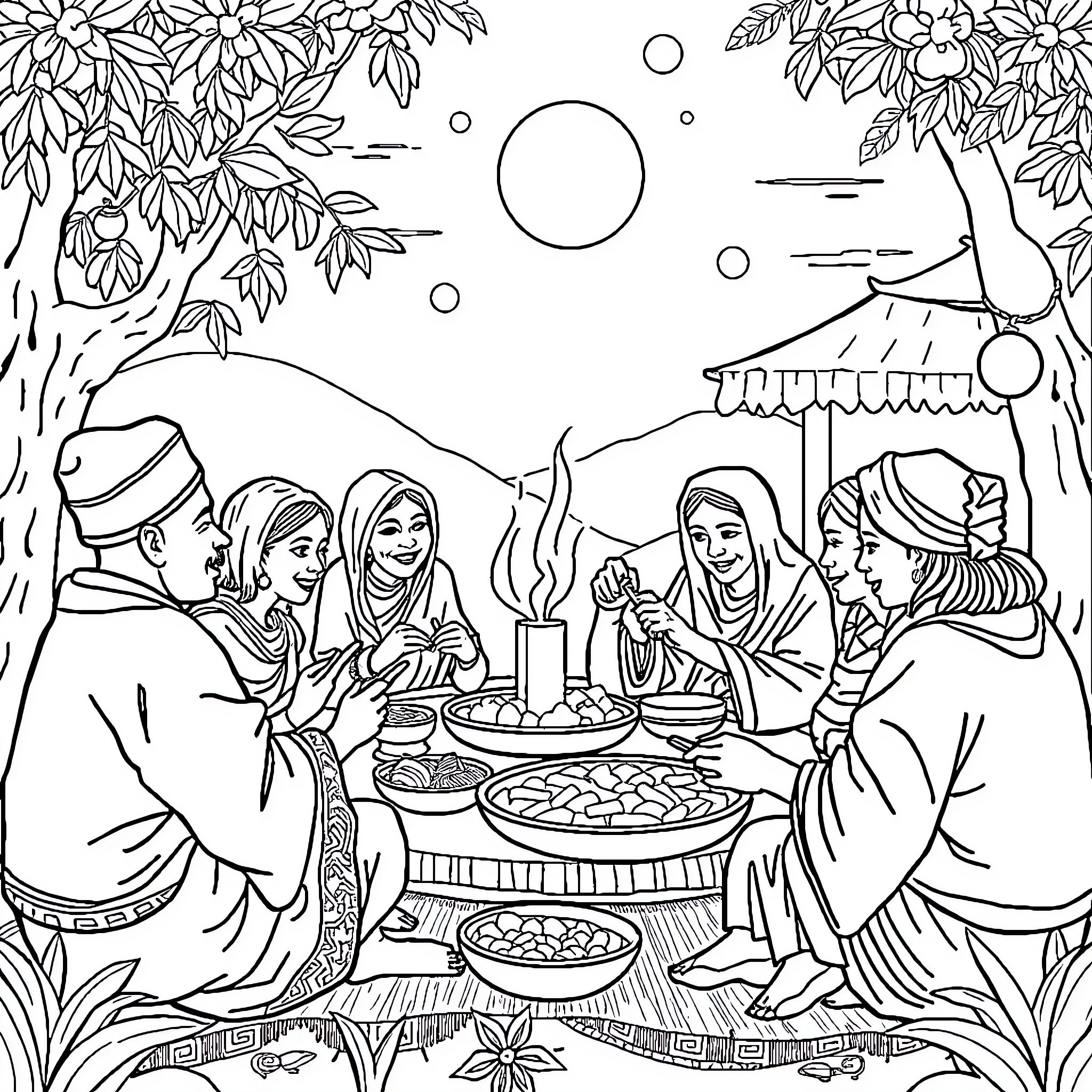 Sahur celebration with family under the starry night Coloring Page (free black-and-white line drawing printable PDF for all, from beginners to advanced learners, including children, teens, adults, and seniors)