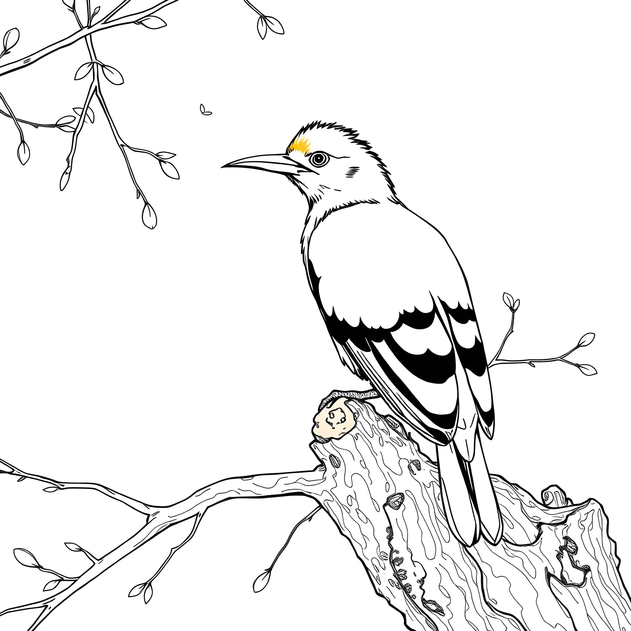 Oriole perched on a tree branch Coloring Page (free black-and-white line drawing printable PDF for all, from beginners to advanced learners, including children, teens, adults, and seniors)