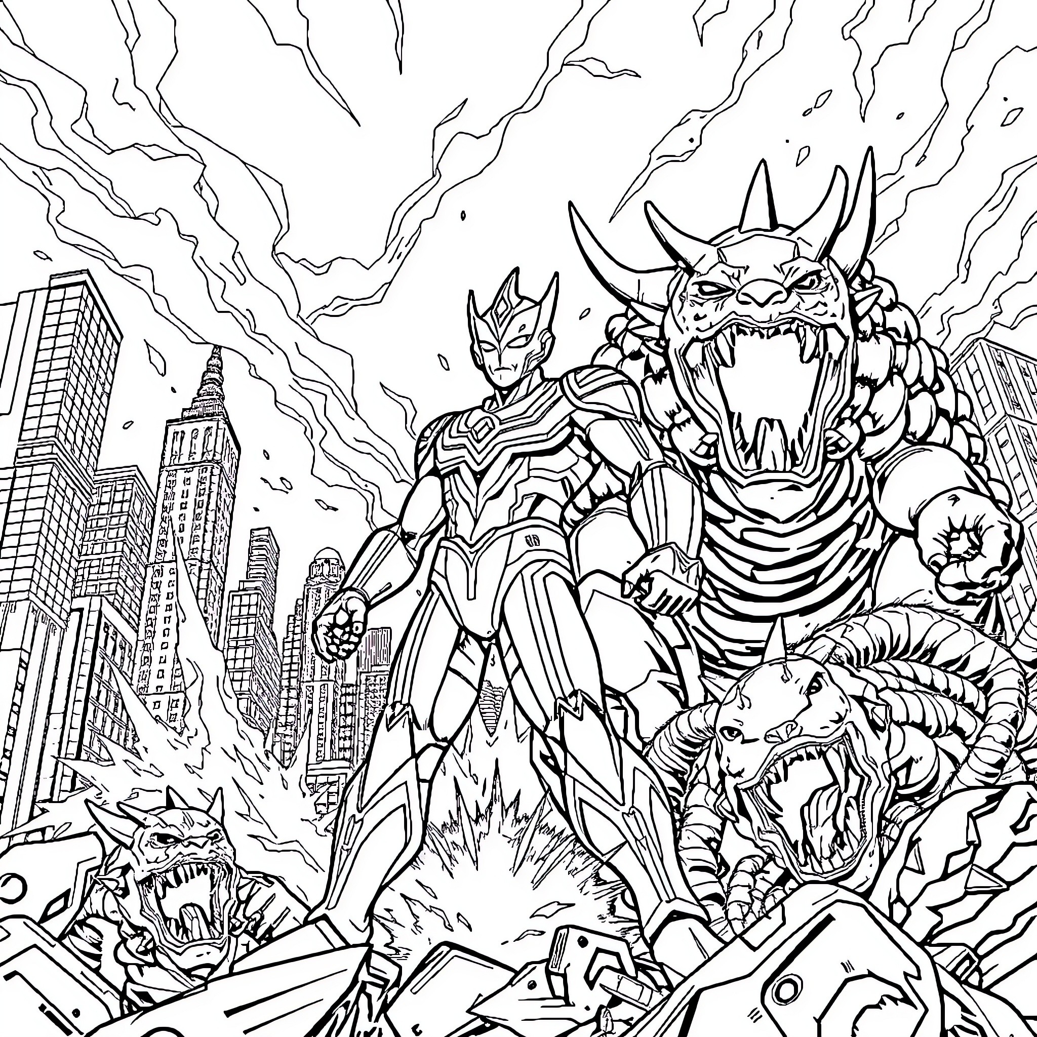 Ultraman battles fierce alien monsters in a city Coloring Page (free black-and-white line drawing printable PDF for all, from beginners to advanced learners, including children, teens, adults, and seniors)