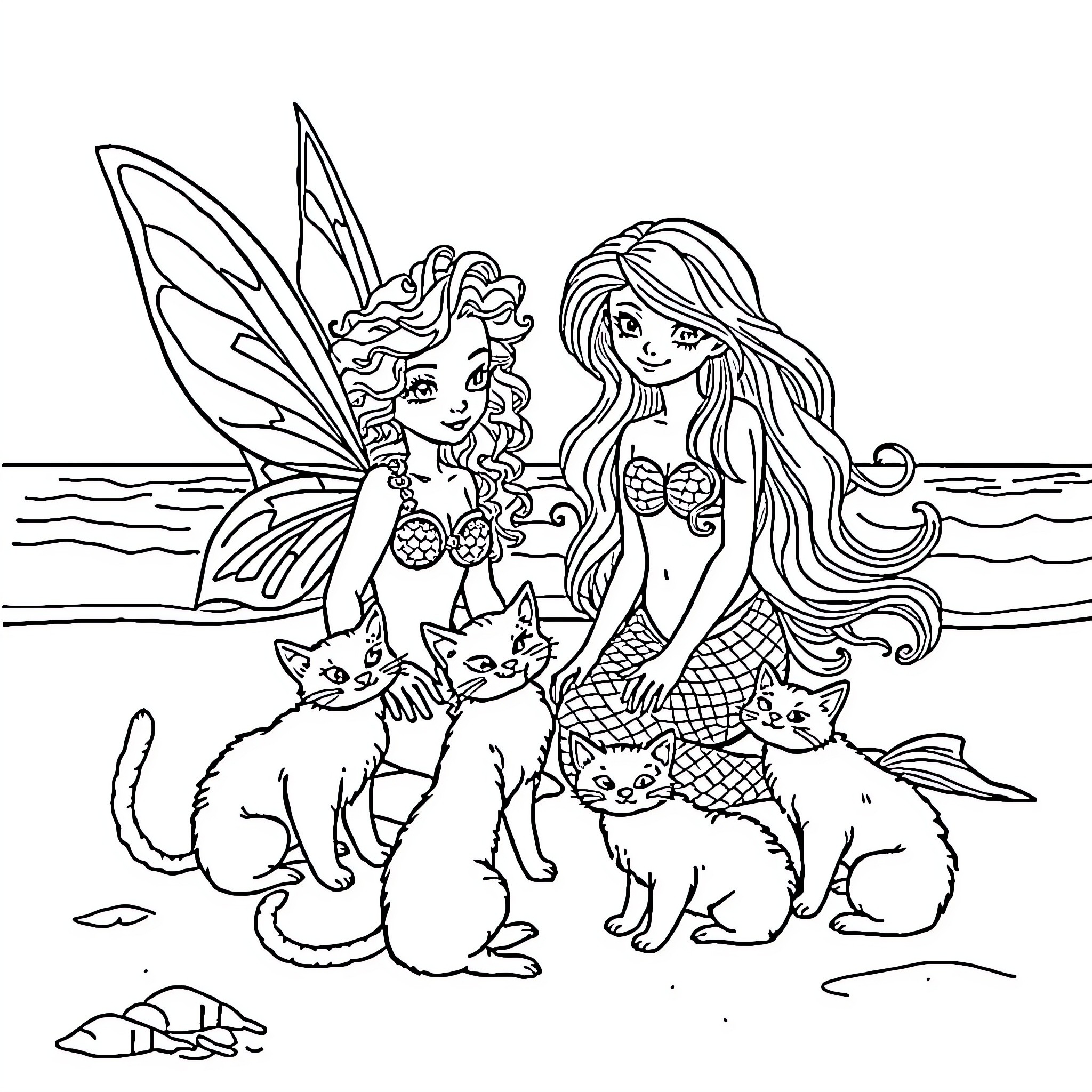 Fairy mermaids playing with kittens on the beach Coloring Page (free black-and-white line drawing printable PDF for all, from beginners to advanced learners, including children, teens, adults, and seniors)