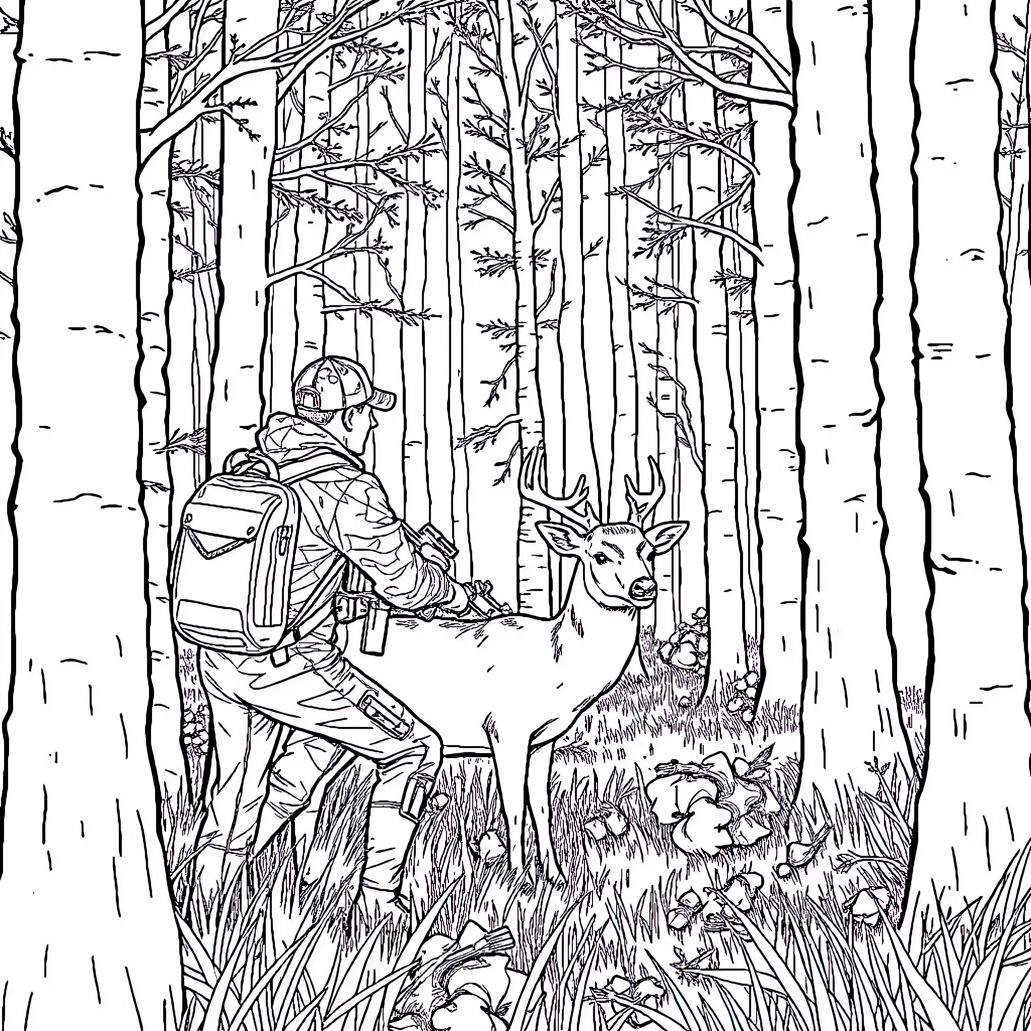 Deer encounters hiker in forest Coloring Page (free black-and-white line drawing printable PDF for all, from beginners to advanced learners, including children, teens, adults, and seniors)