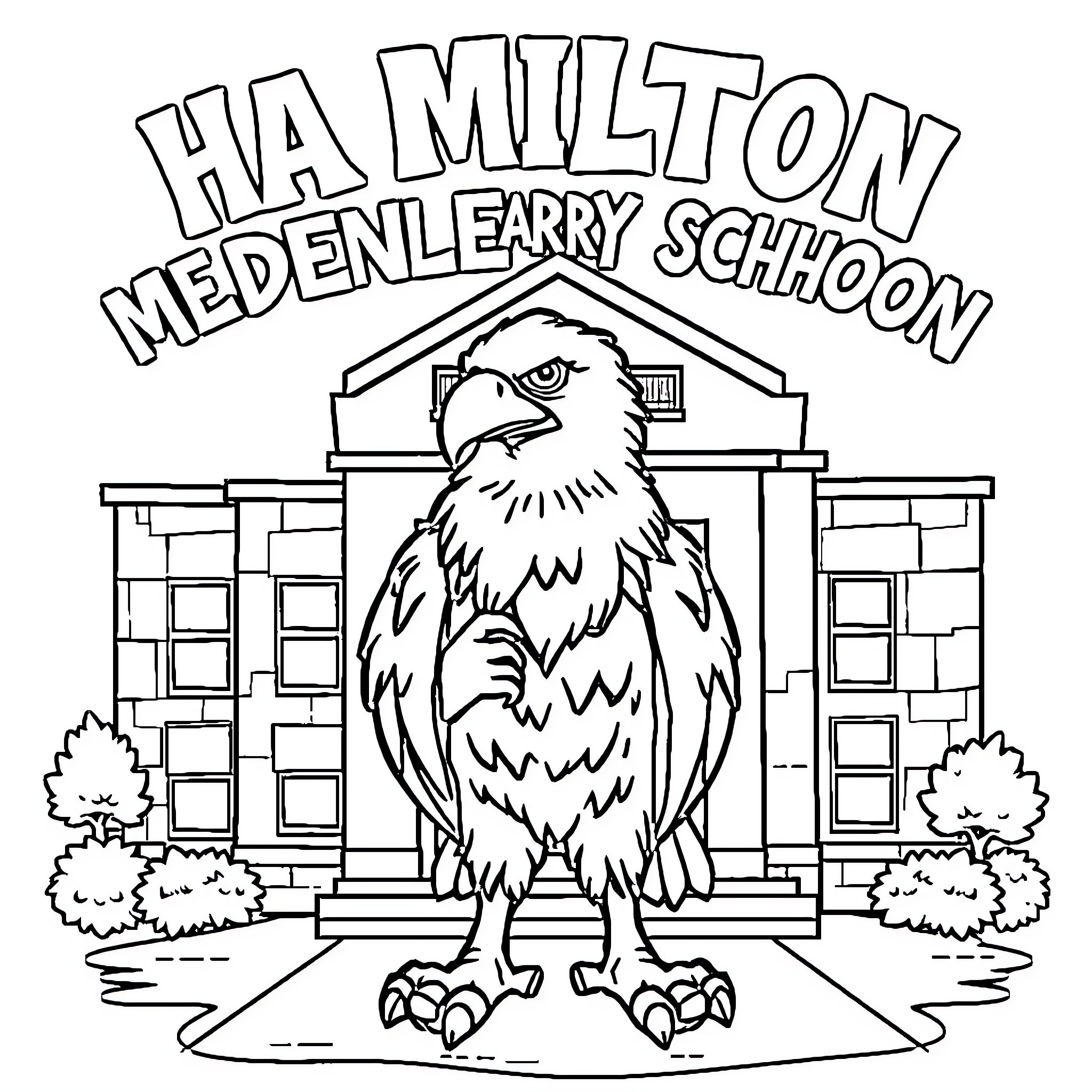 Eagle guarding Medenlerry School Coloring Page (free black-and-white line drawing printable PDF for all, from beginners to advanced learners, including children, teens, adults, and seniors)