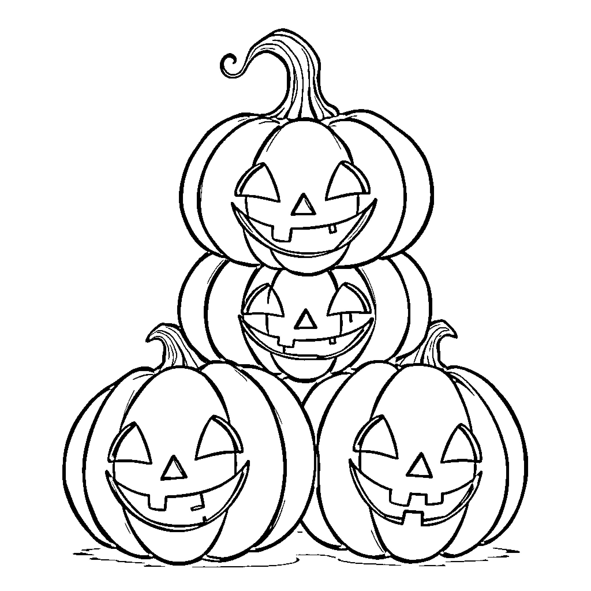 Pumpkins with Carved Smiling Faces Coloring Page (free black-and-white line drawing printable PDF for all, from beginners to advanced learners, including children, teens, adults, and seniors)
