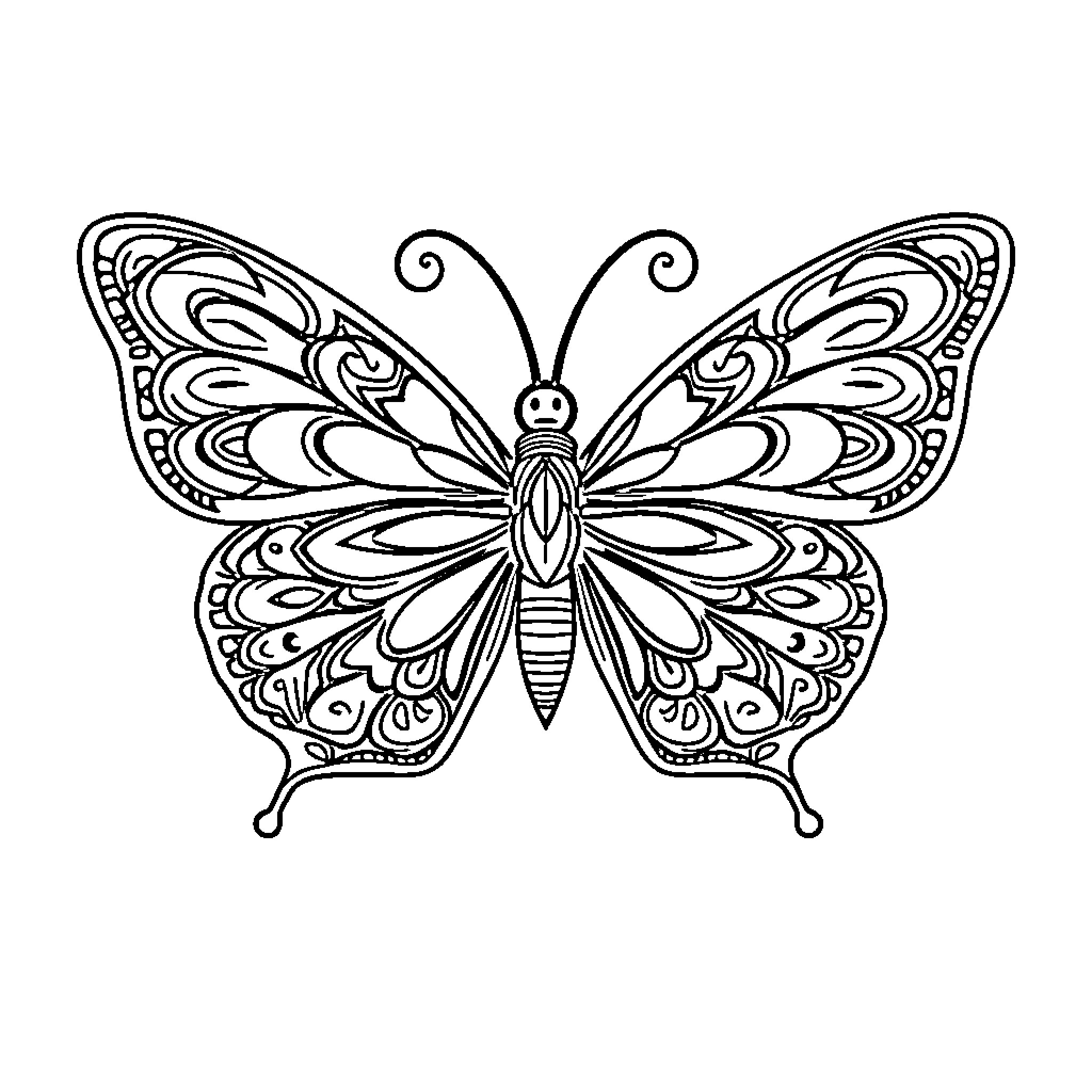 Butterfly with intricate wing patterns Coloring Page (free black-and-white line drawing printable PDF for all, from beginners to advanced learners, including children, teens, adults, and seniors)