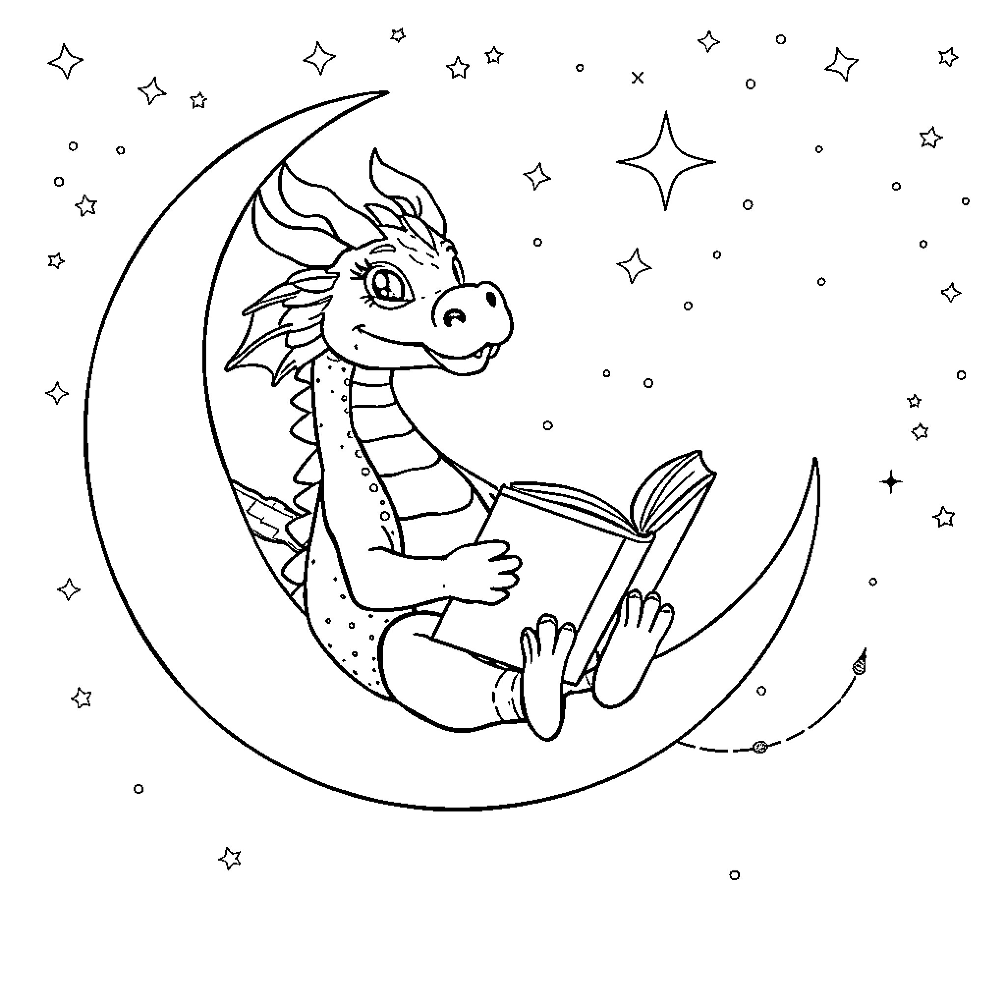 Dragon reading a book on the crescent moon Coloring Page (free black-and-white line drawing printable PDF for all, from beginners to advanced learners, including children, teens, adults, and seniors)