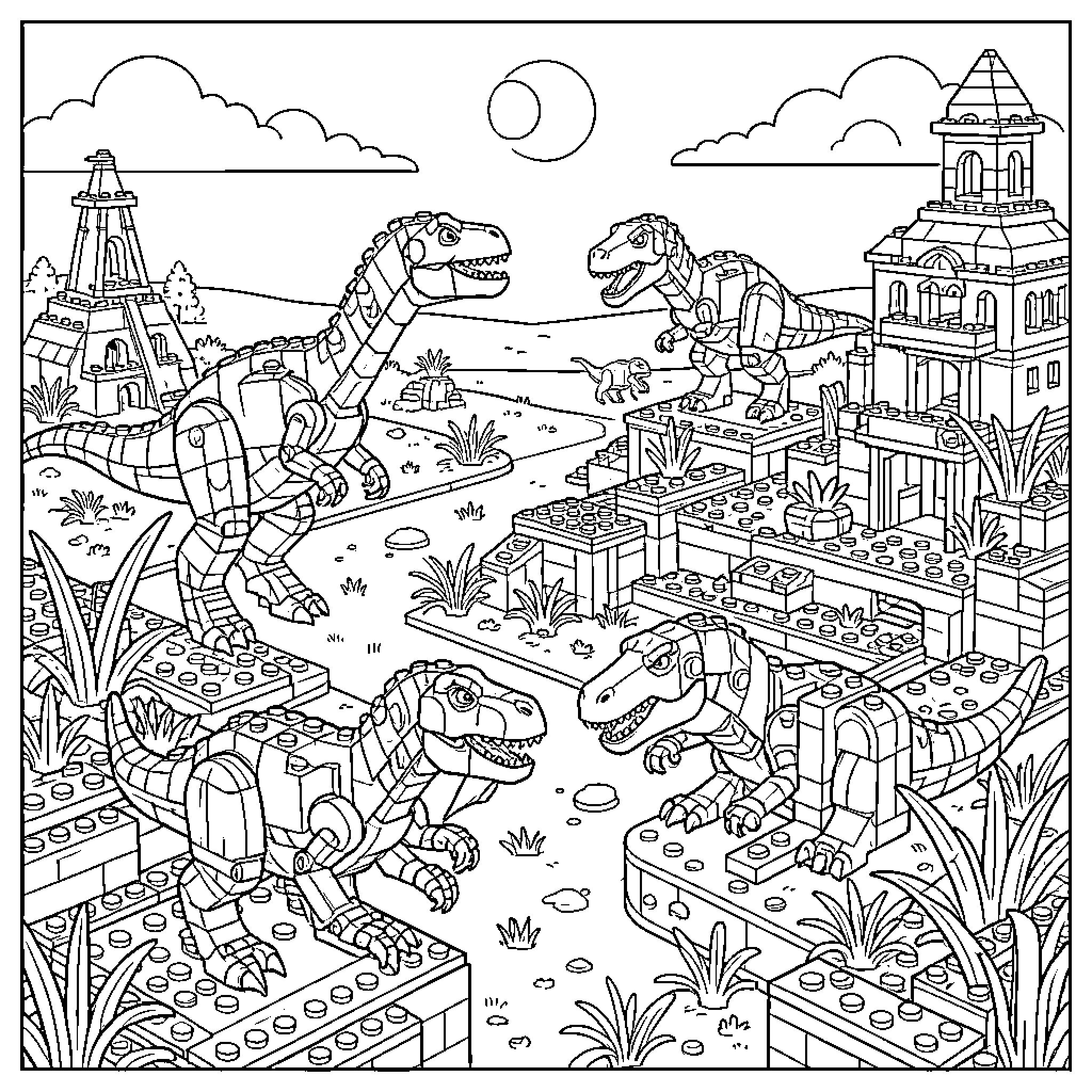 Dinosaur figures interacting within a brick-built prehistoric landscape Coloring Page (free black-and-white line drawing printable PDF for all, from beginners to advanced learners, including children, teens, adults, and seniors)