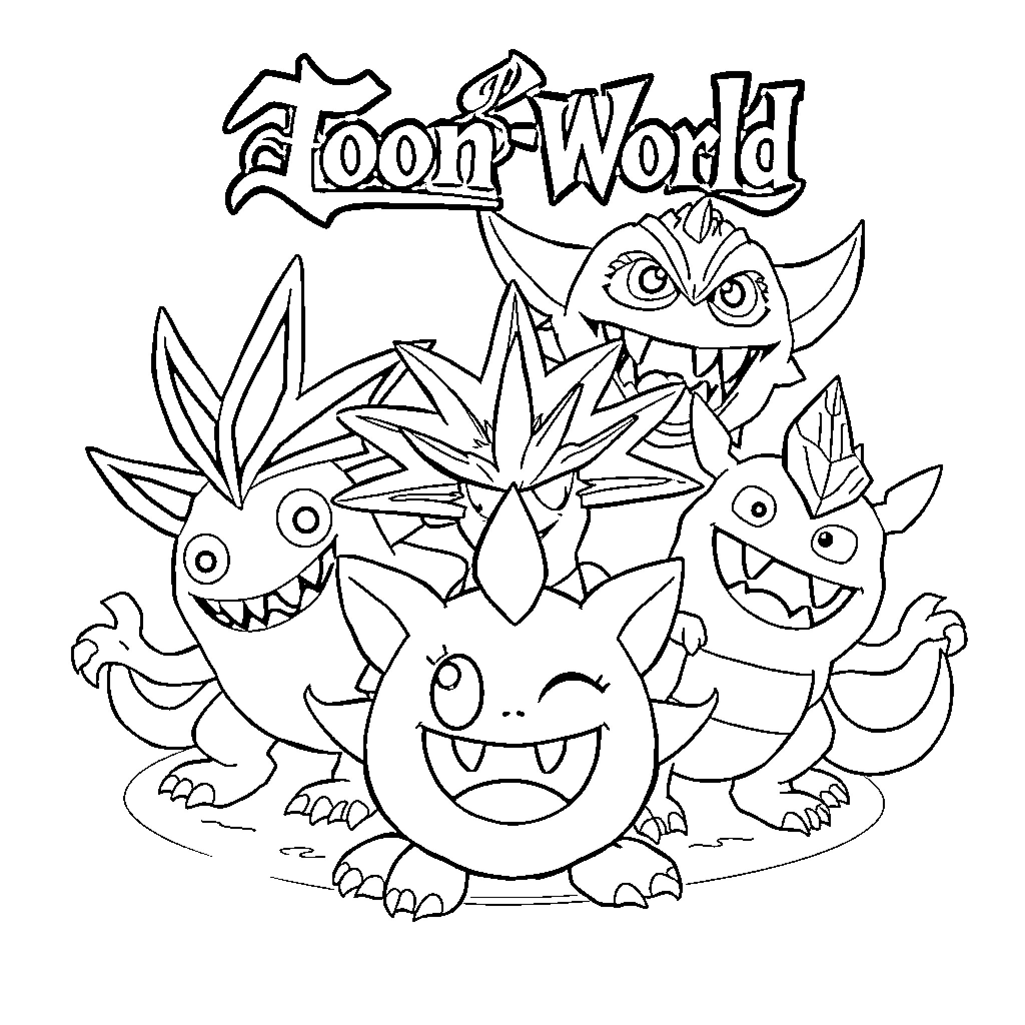 Monster creatures in the Toon World Coloring Page (free black-and-white line drawing printable PDF for all, from beginners to advanced learners, including children, teens, adults, and seniors)