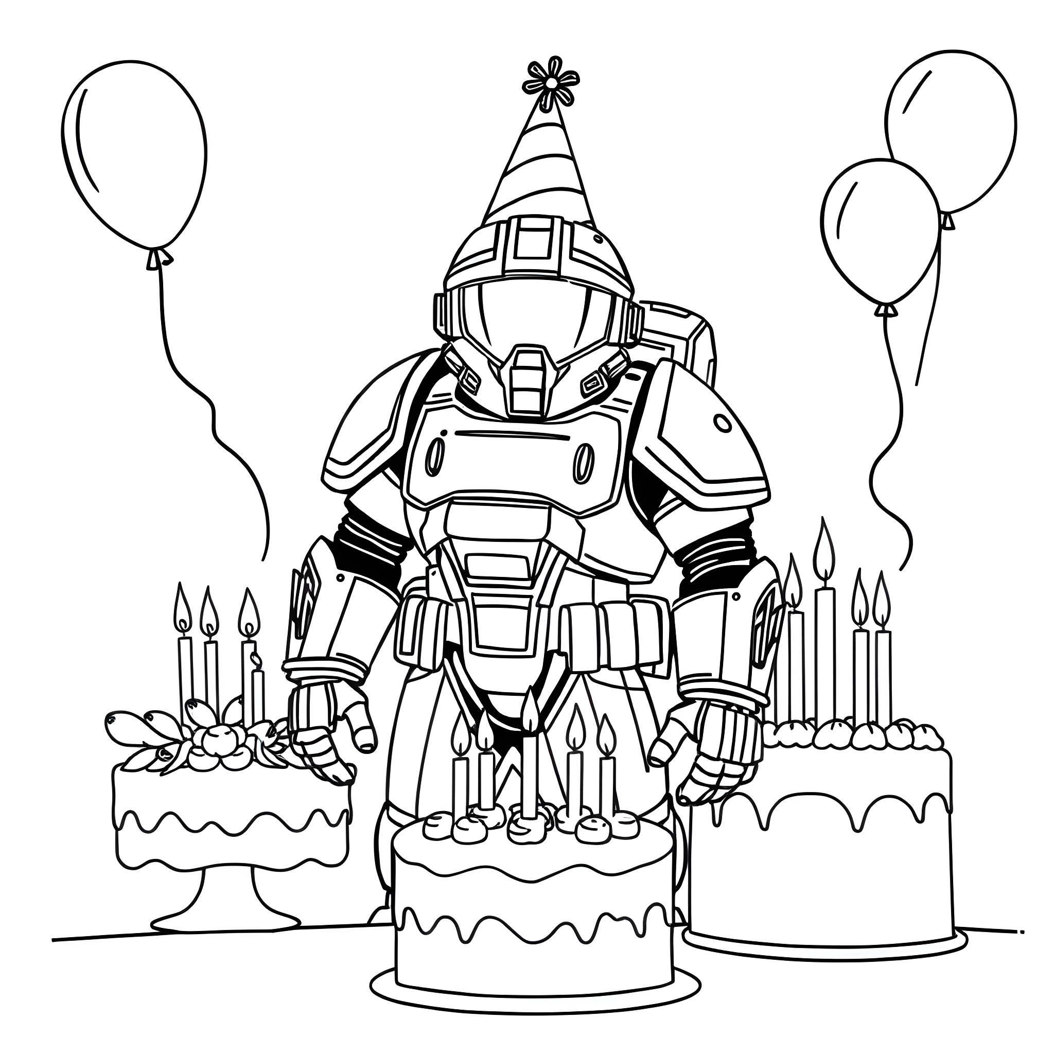 Space Marine celebrates birthday with cake and balloons Coloring Page (free black-and-white line drawing printable PDF for all, from beginners to advanced learners, including children, teens, adults, and seniors)