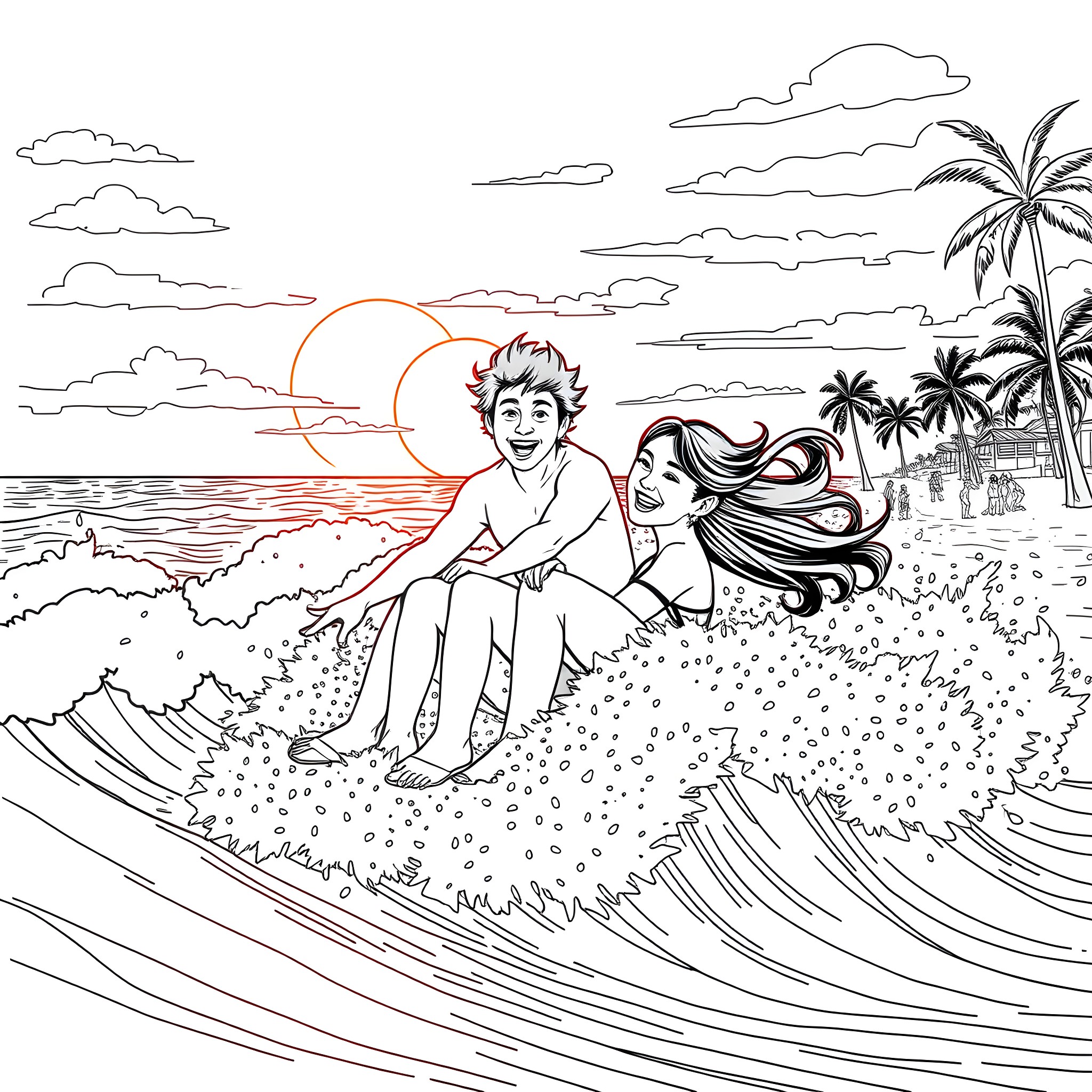 Surfing couple enjoying scenic beach at sunset Coloring Page (free black-and-white line drawing printable PDF for all, from beginners to advanced learners, including children, teens, adults, and seniors)