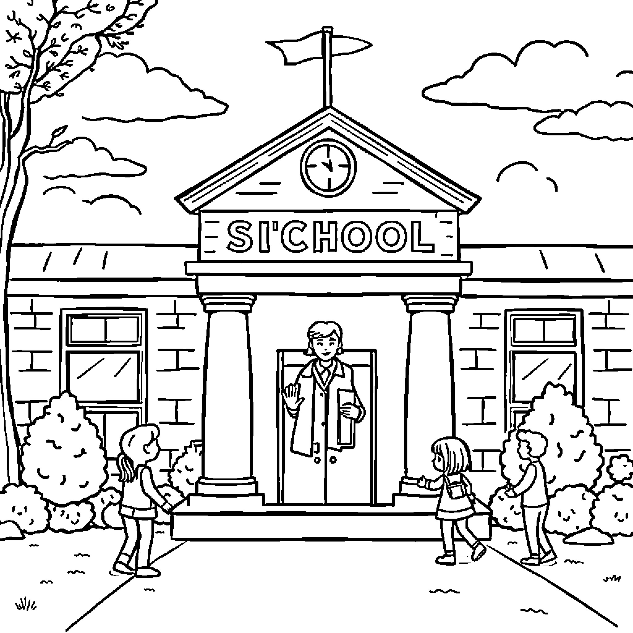 Principal Greeting Students at School Building Coloring Page (free black-and-white line drawing printable PDF for all, from beginners to advanced learners, including children, teens, adults, and seniors)