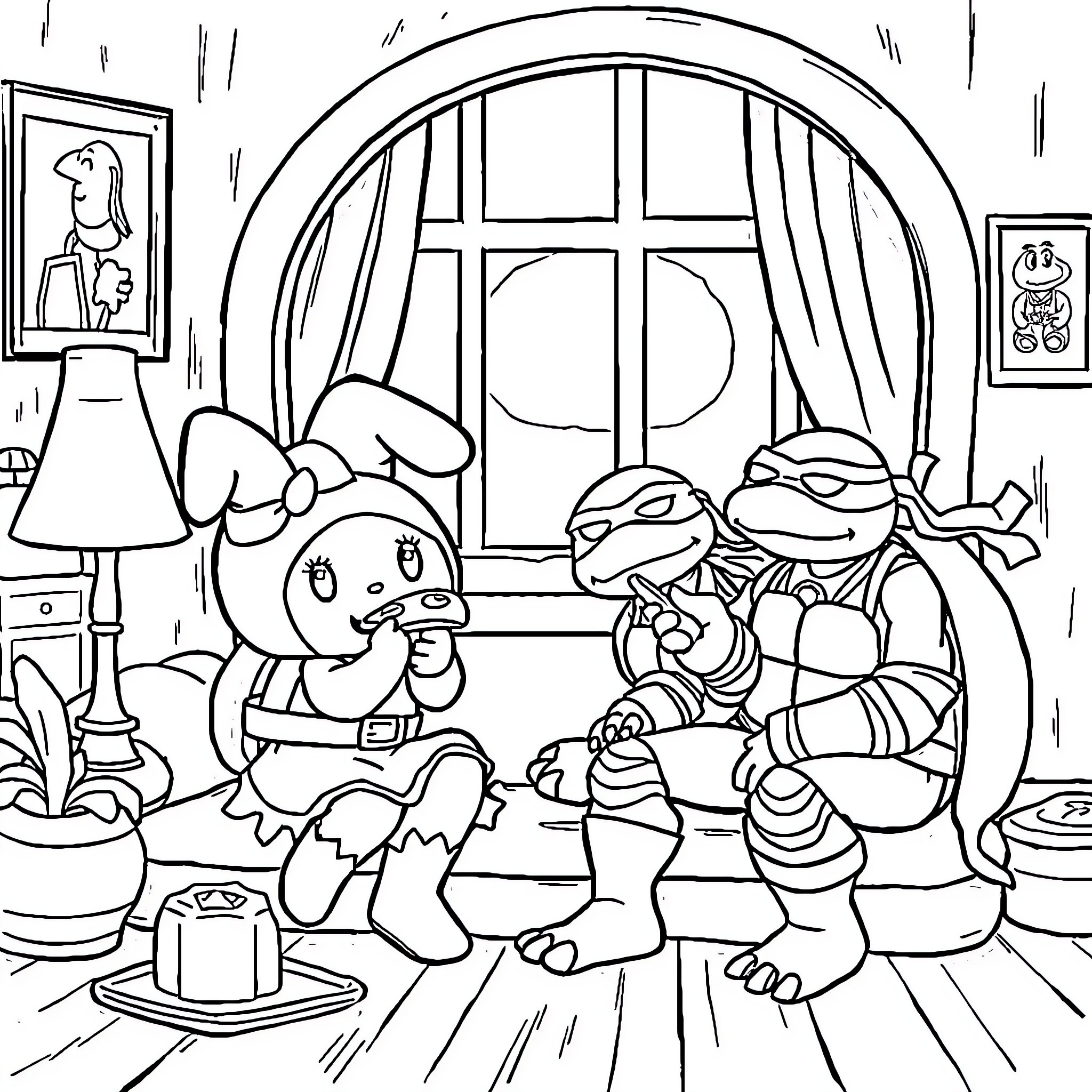 My Melody's Cozy Indoor Adventure Coloring Page (free black-and-white line drawing printable PDF for all, from beginners to advanced learners, including children, teens, adults, and seniors)
