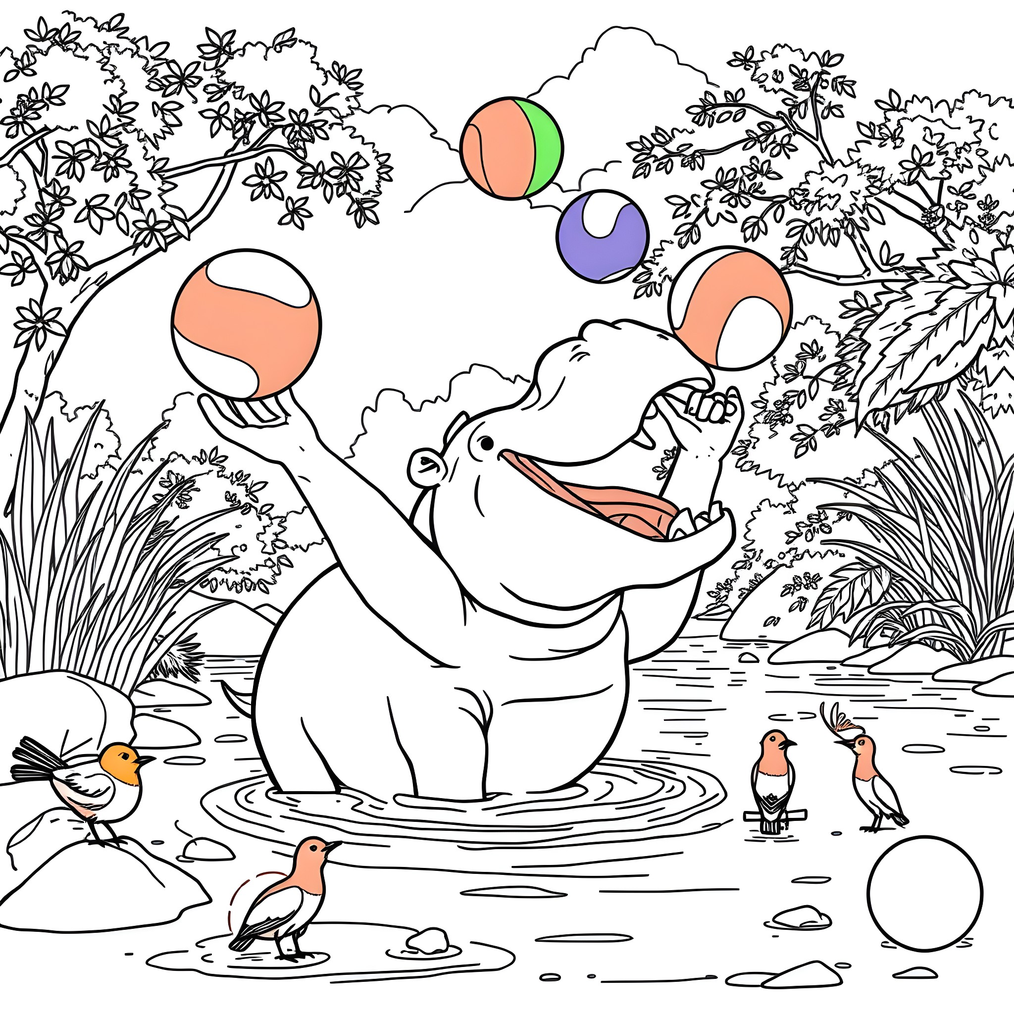 Hippo playing with colorful balls in nature Coloring Page (free black-and-white line drawing printable PDF for all, from beginners to advanced learners, including children, teens, adults, and seniors)