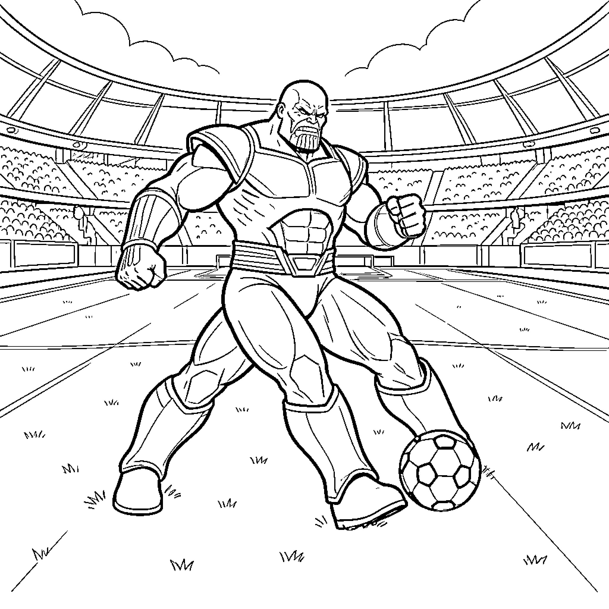 Thanos playing soccer in a crowded stadium Coloring Page (free black-and-white line drawing printable PDF for all, from beginners to advanced learners, including children, teens, adults, and seniors)
