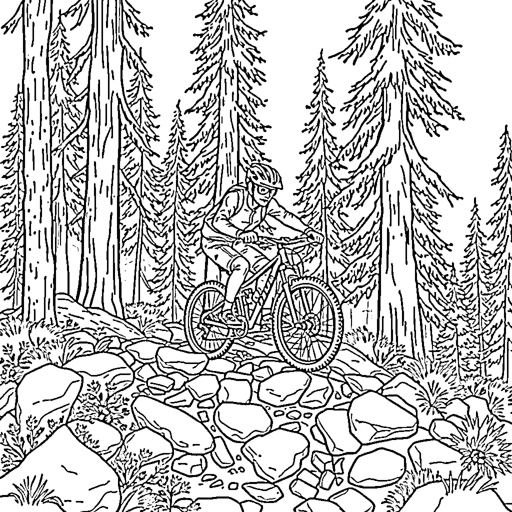 Mountain Bike Riding Through Forested Trail Coloring Page (free black-and-white line drawing printable PDF for all, from beginners to advanced learners, including children, teens, adults, and seniors)