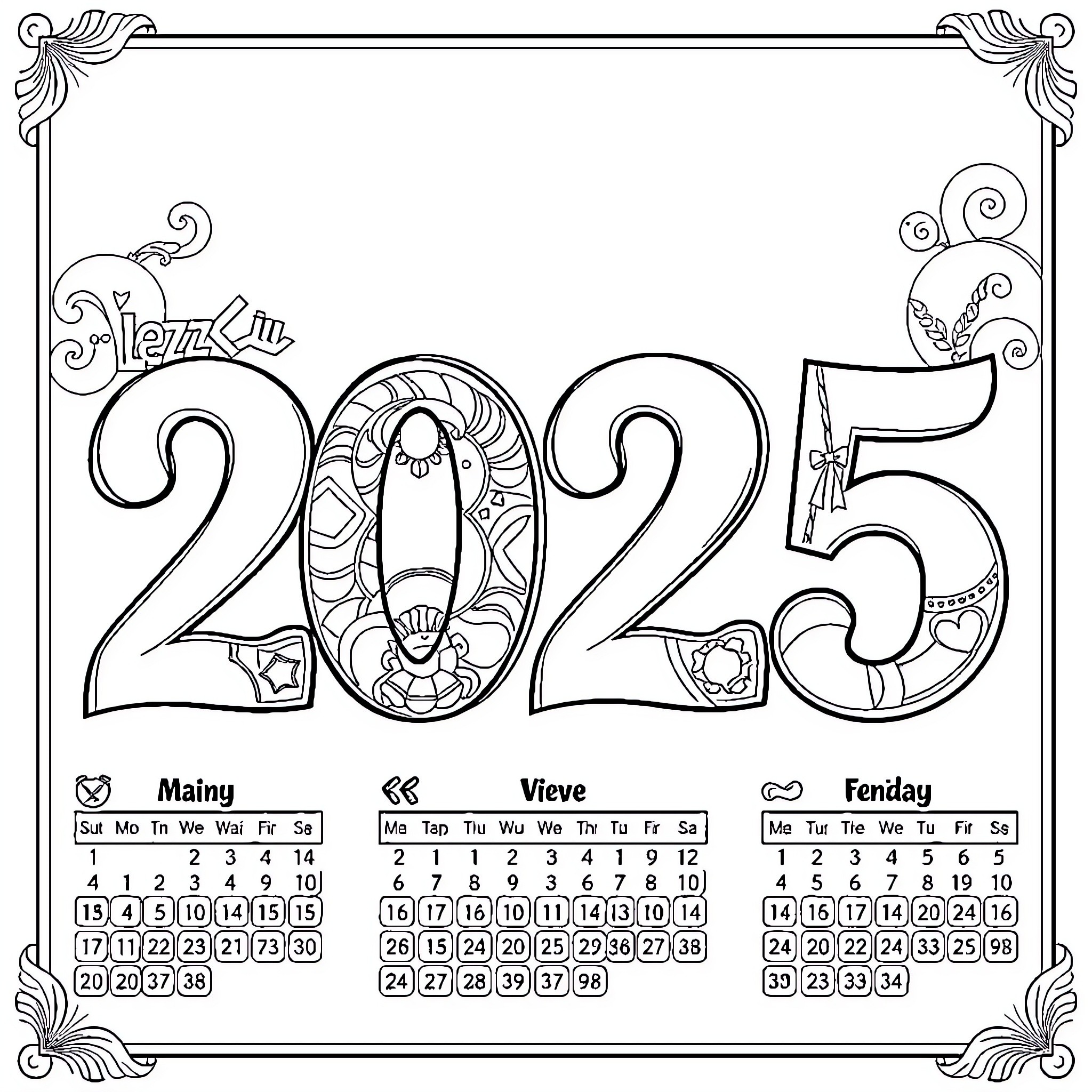 Calendar with ornate decorations and 2025 text Coloring Page (free black-and-white line drawing printable PDF for all, from beginners to advanced learners, including children, teens, adults, and seniors)